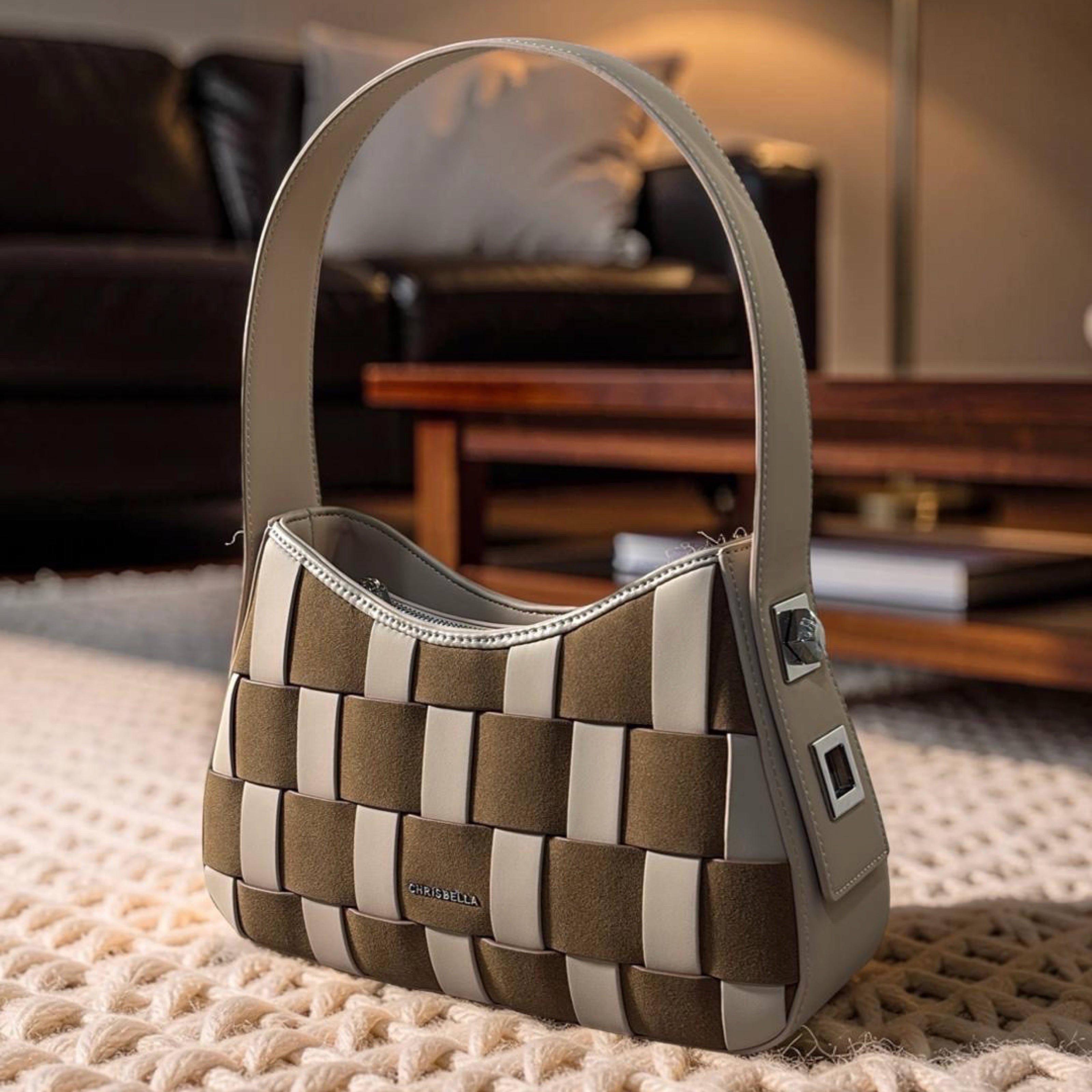 Chrisbella Mat Deisgn Single Strap Shoulder Bag in Beige