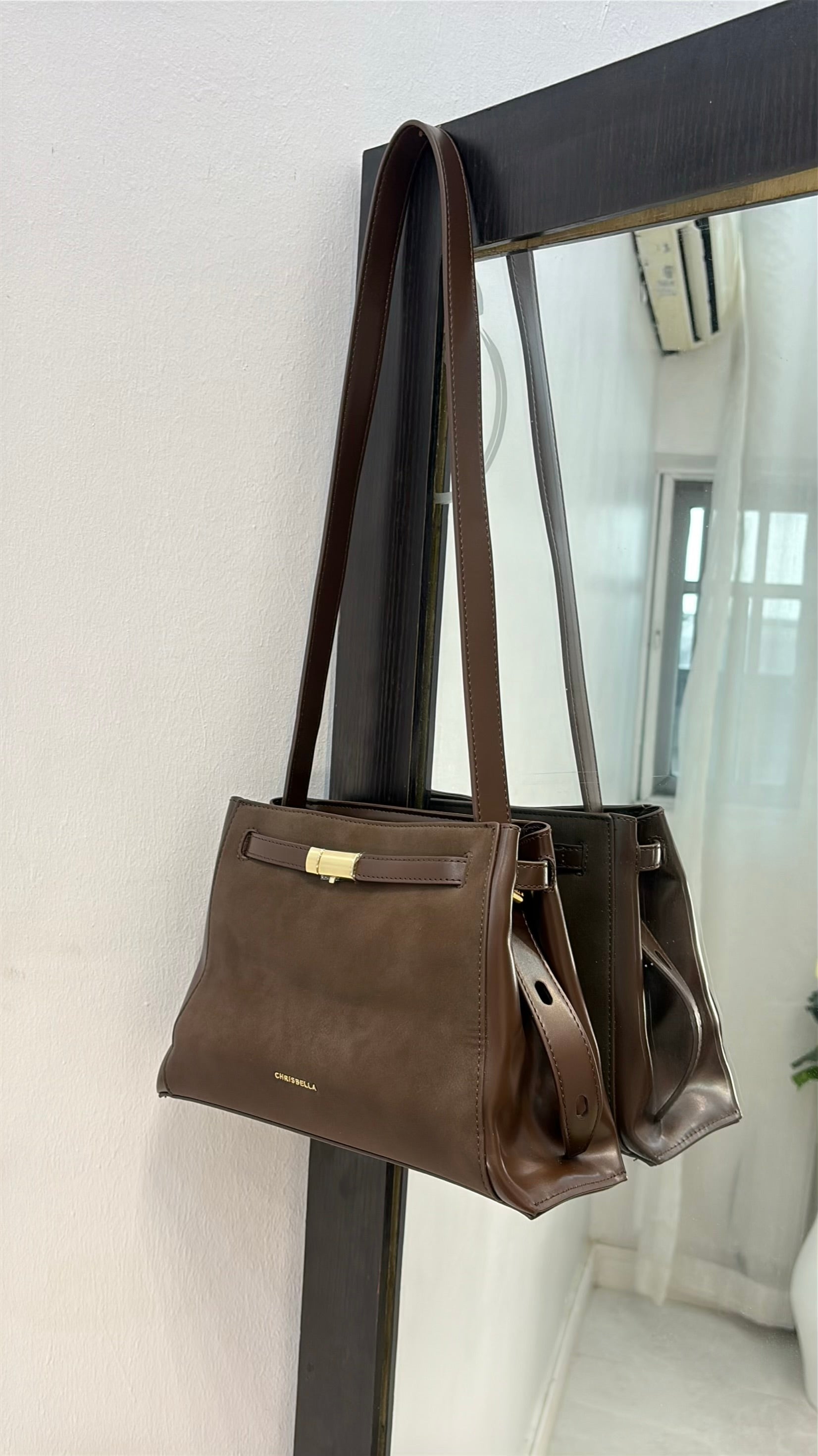Chrisbella Top Handle Contrast Leather Bag in Coffee