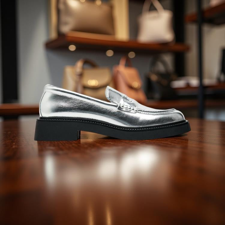 Zara Metallic Penny Loafers in Silver
