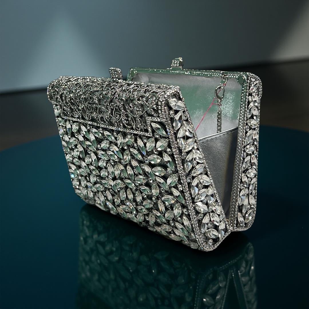 Milan Luxe Clutch Structured Party Purse with Stones in Silver