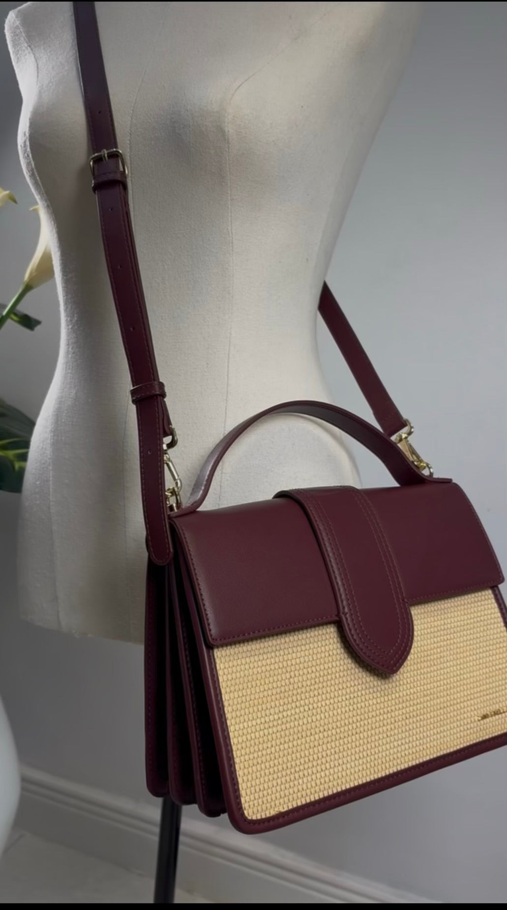 Chrisbella Top Handle Flap Two-Tone Bag in Burgundy
