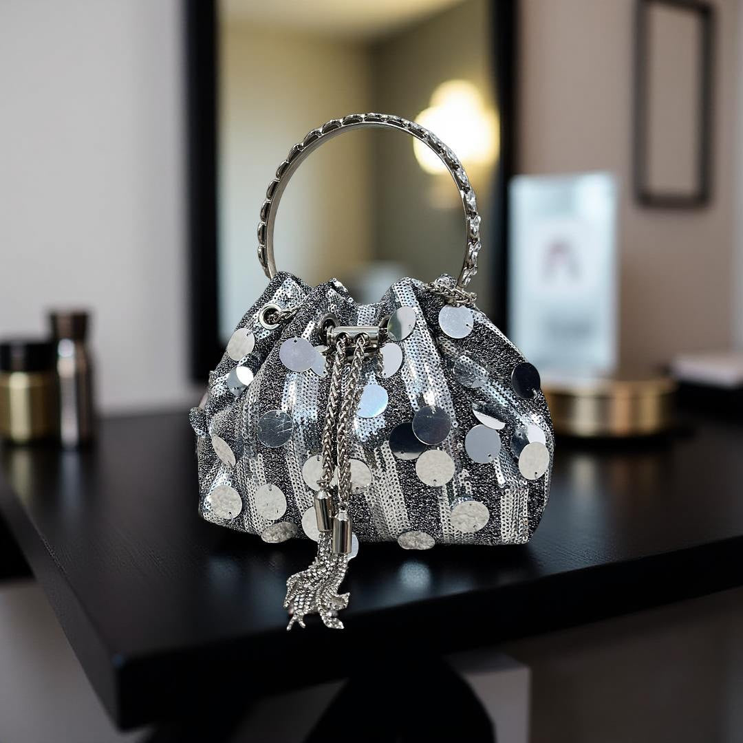 Cannes Top Handle Sequin Drawstring Purse in Silver