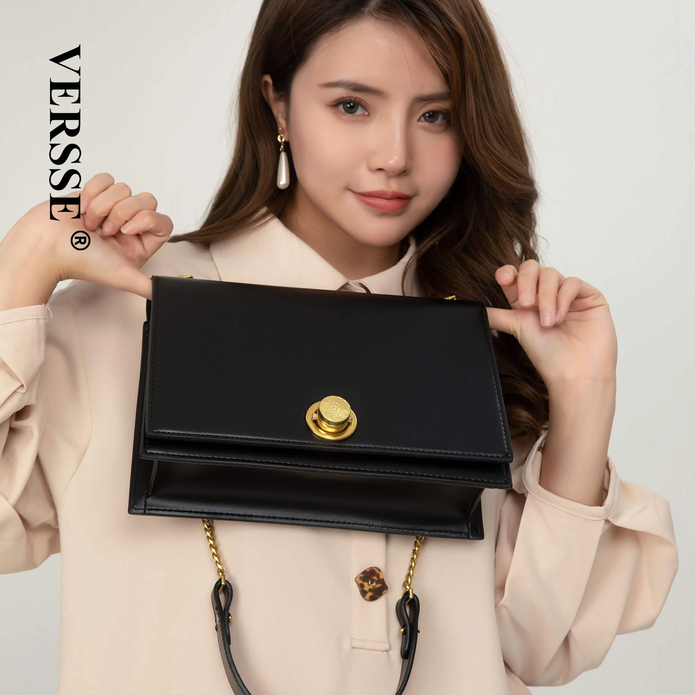 Versse Metallic Turn-Lock Chain Crossbody Bag in Black