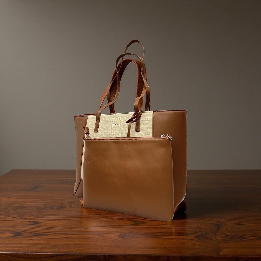 Chrisbella Two-Tone Large Tote in Tan/Beige