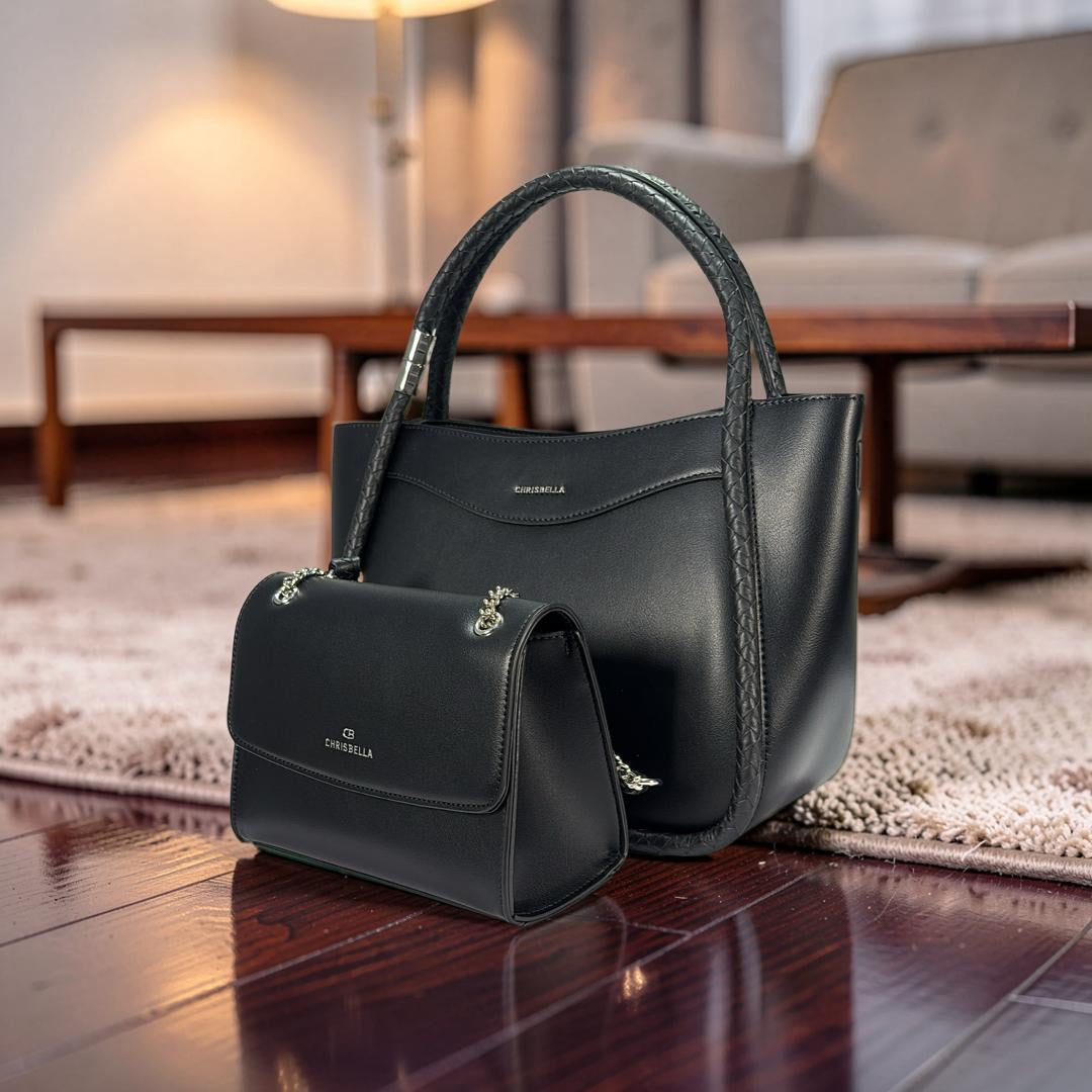 Chrisbella Double Woven Handle Bag in Black