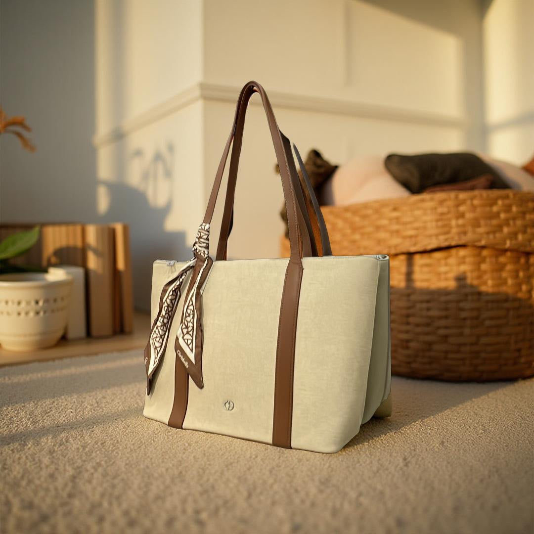 Chrisbella Large Fabric Finish Double Strap Bag in Off-White