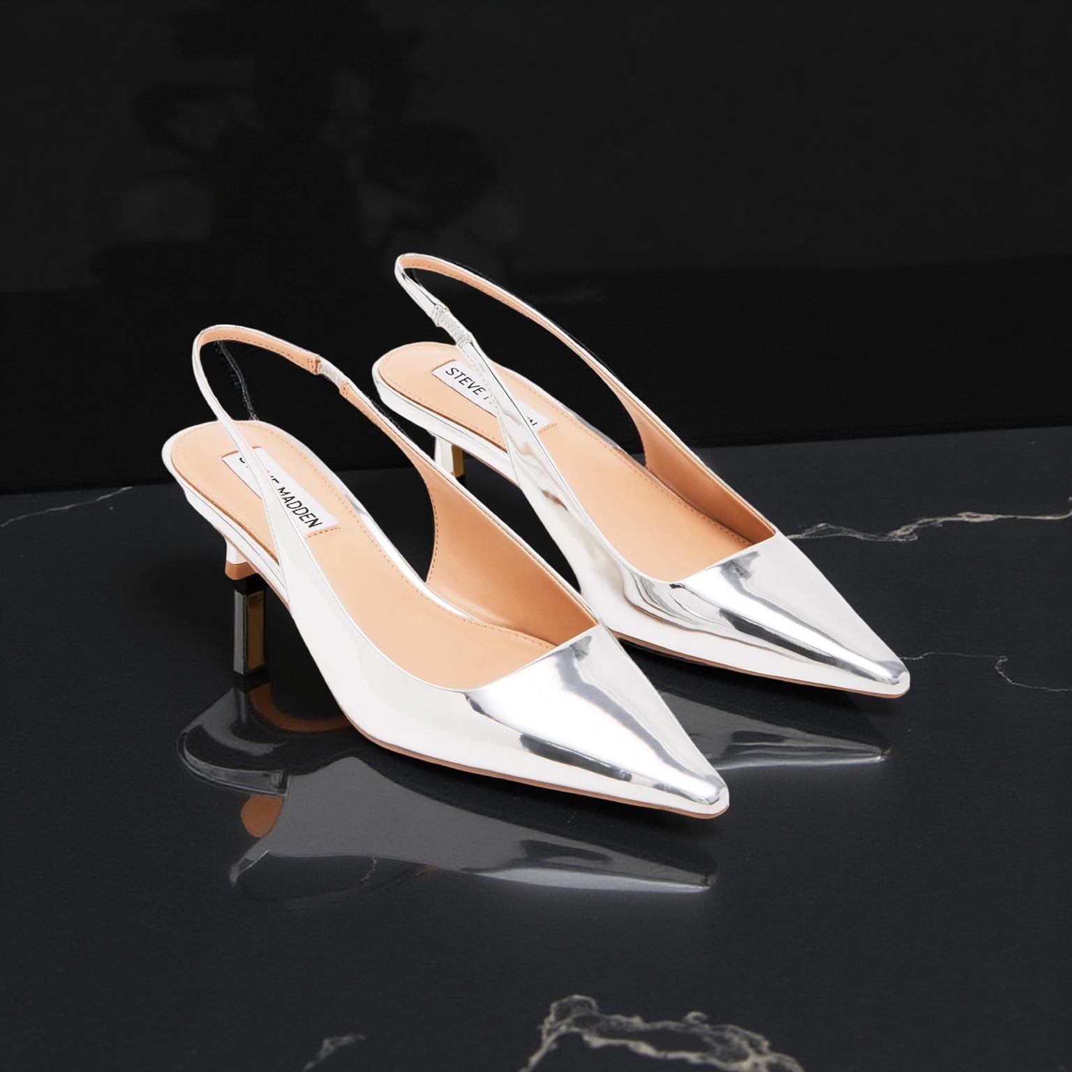 Steve Madden Pointed Toe Slingback Kitten Heels in Metallic Silver