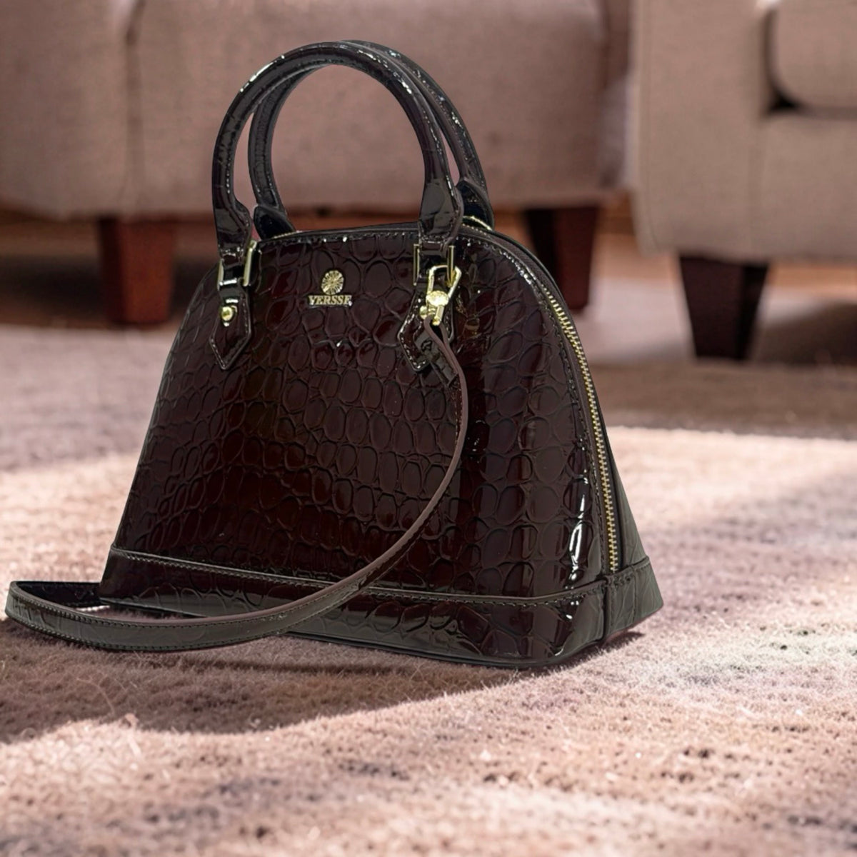 Versse Faux Croc Patent Leather Bag in Coffee