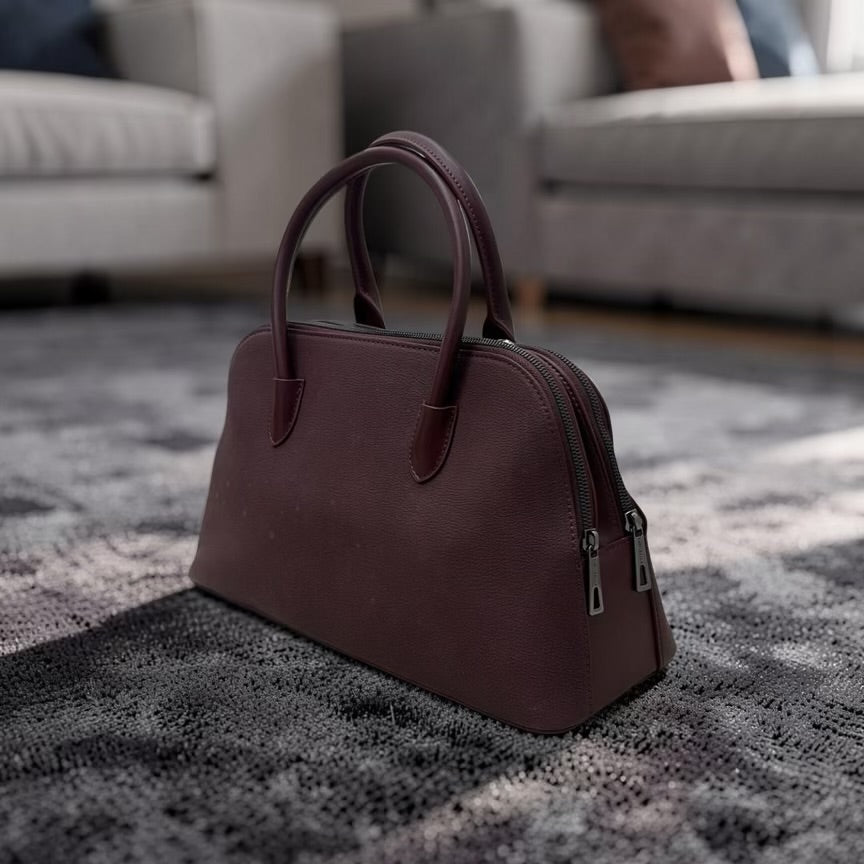 Chrisbella Double Comparment Matte Leather Bag in Burgundy