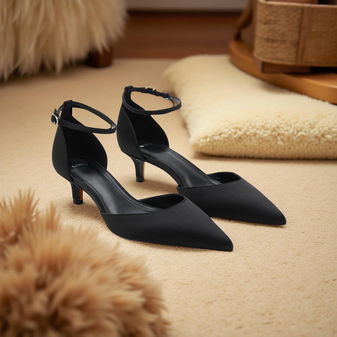 Mango Pointed Toe Ankle Strap Kitten Heel in Black