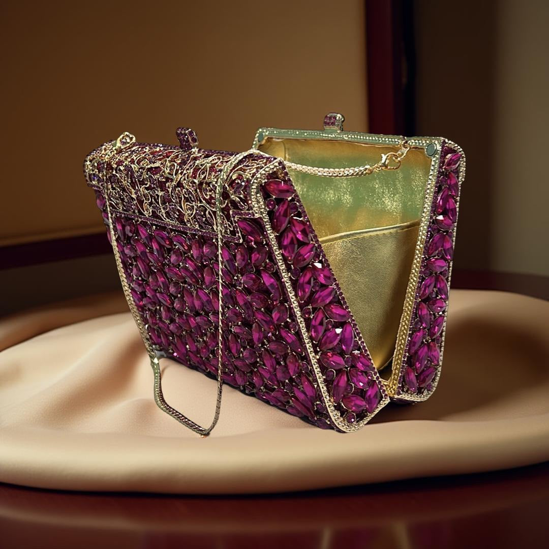 Milan Luxe Clutch Structured Party Purse with Stones in Pink