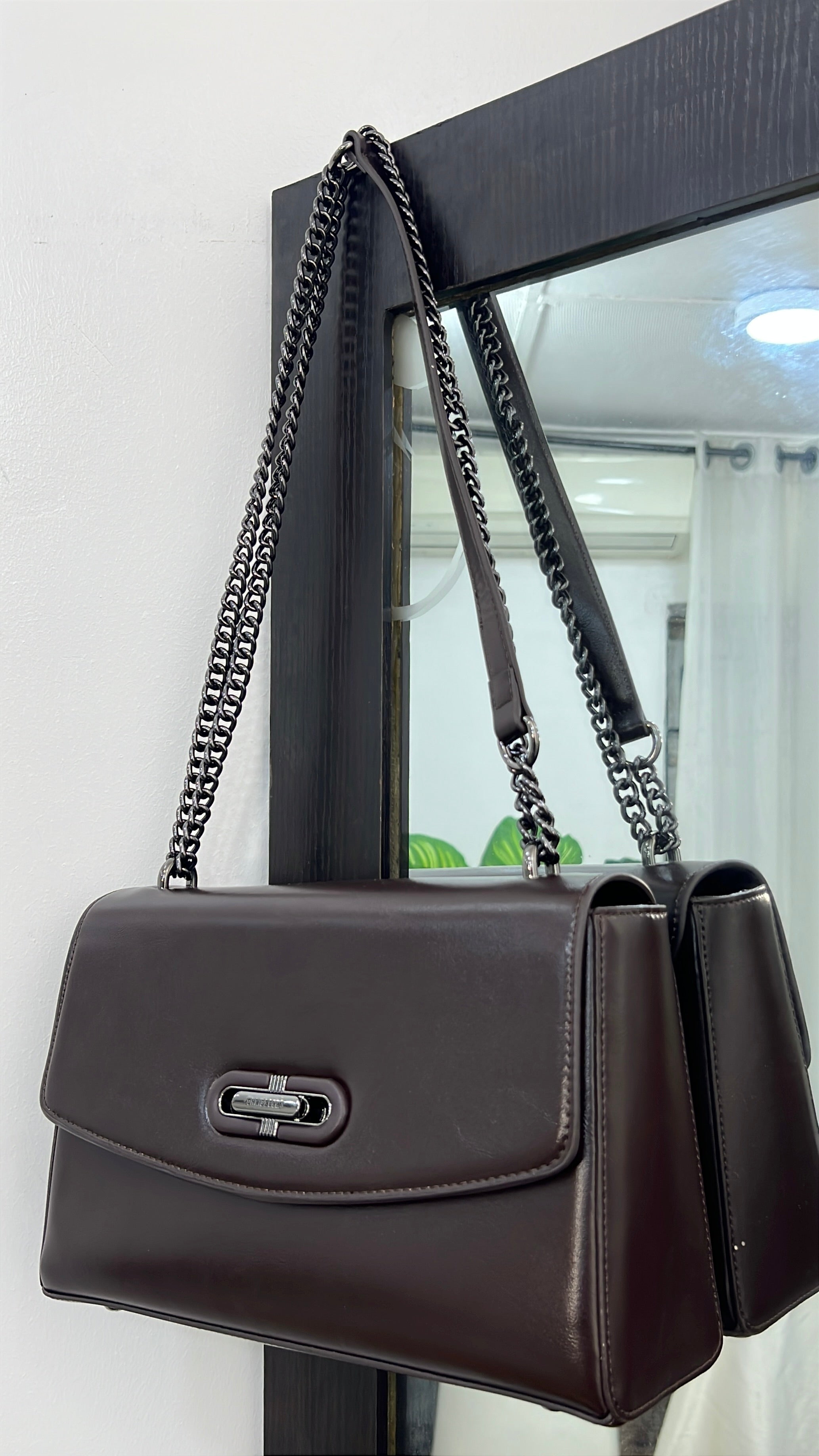 Chrisbella Leather Slide-Knob Sling Bag in Coffee