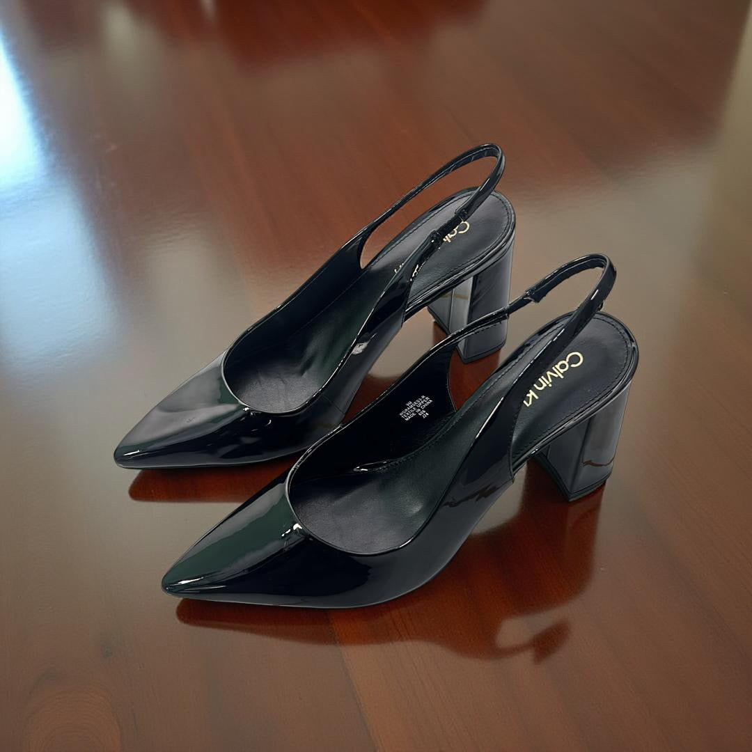 Calvin Klein Patent Leather Pointed Toe Block Heel Slingbacks in Black