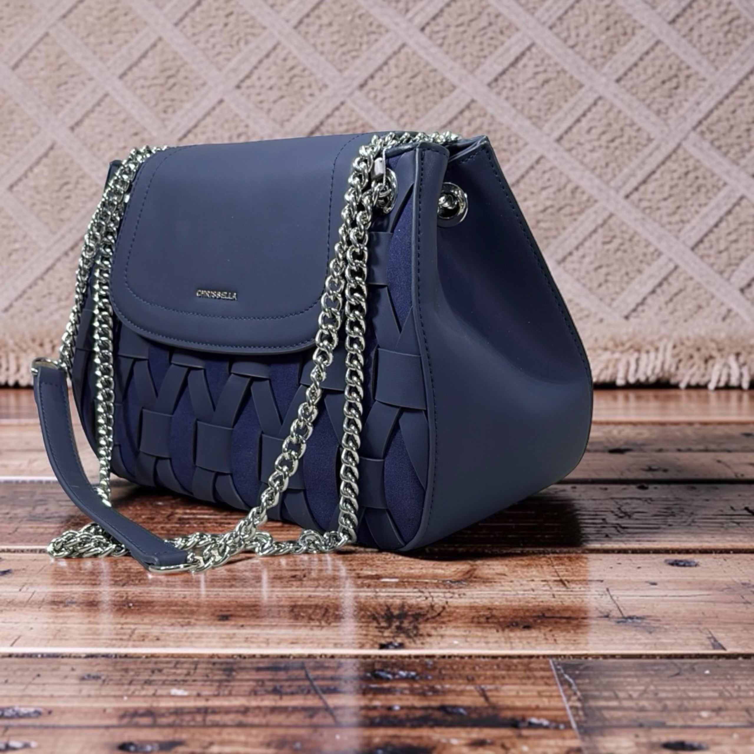 Chrisbella Woven Detail Chain Handle Sling bag in Navy