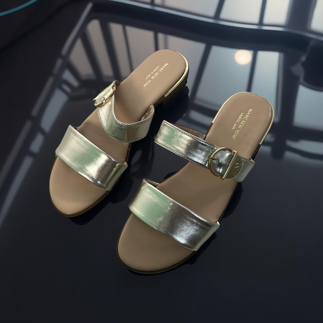 Andrew Marc Double Strap Buckle Detail Slippers in Gold