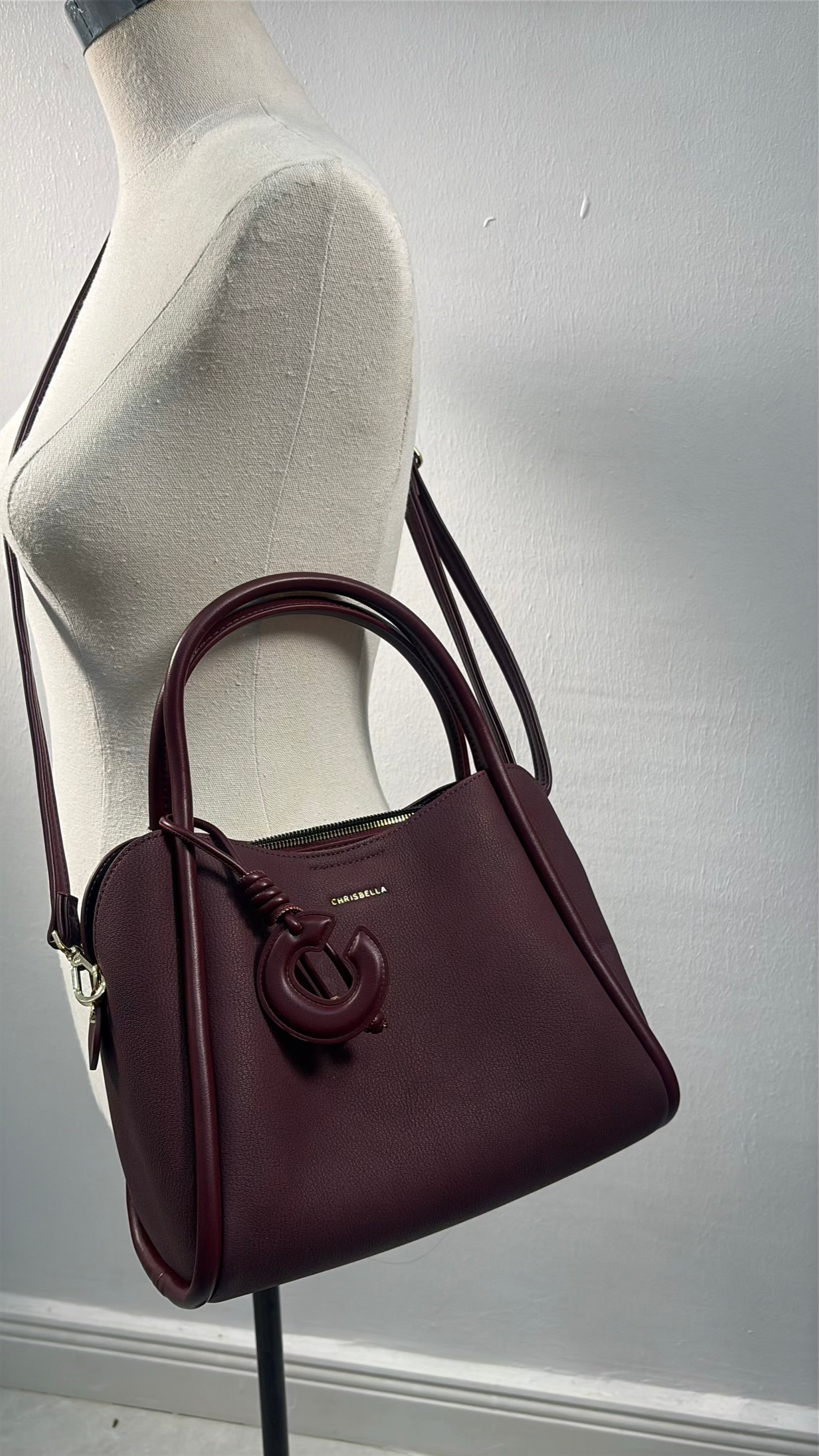 Chrisbellaa Leather Strap Triple Compartment Bag in Burgundy