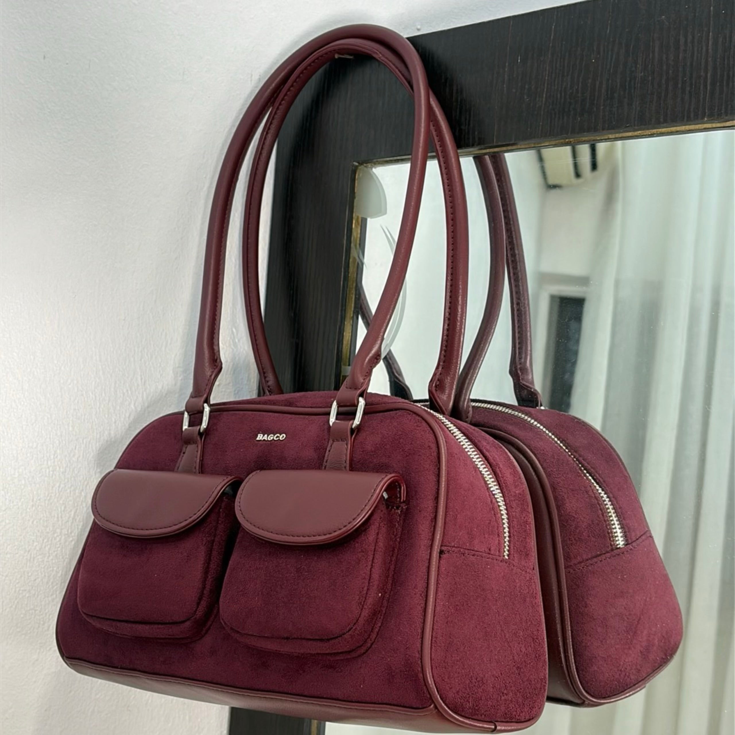 Bagco Pocket Detail Suede Bag in Burgundy