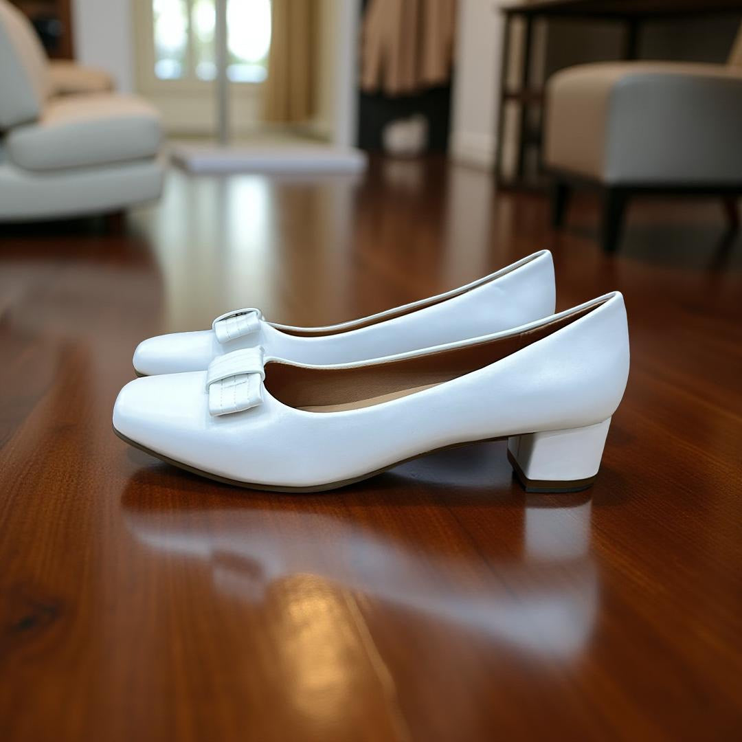 Marc Jasmine Bow Detail Faux Leather Block Heel Pump In White