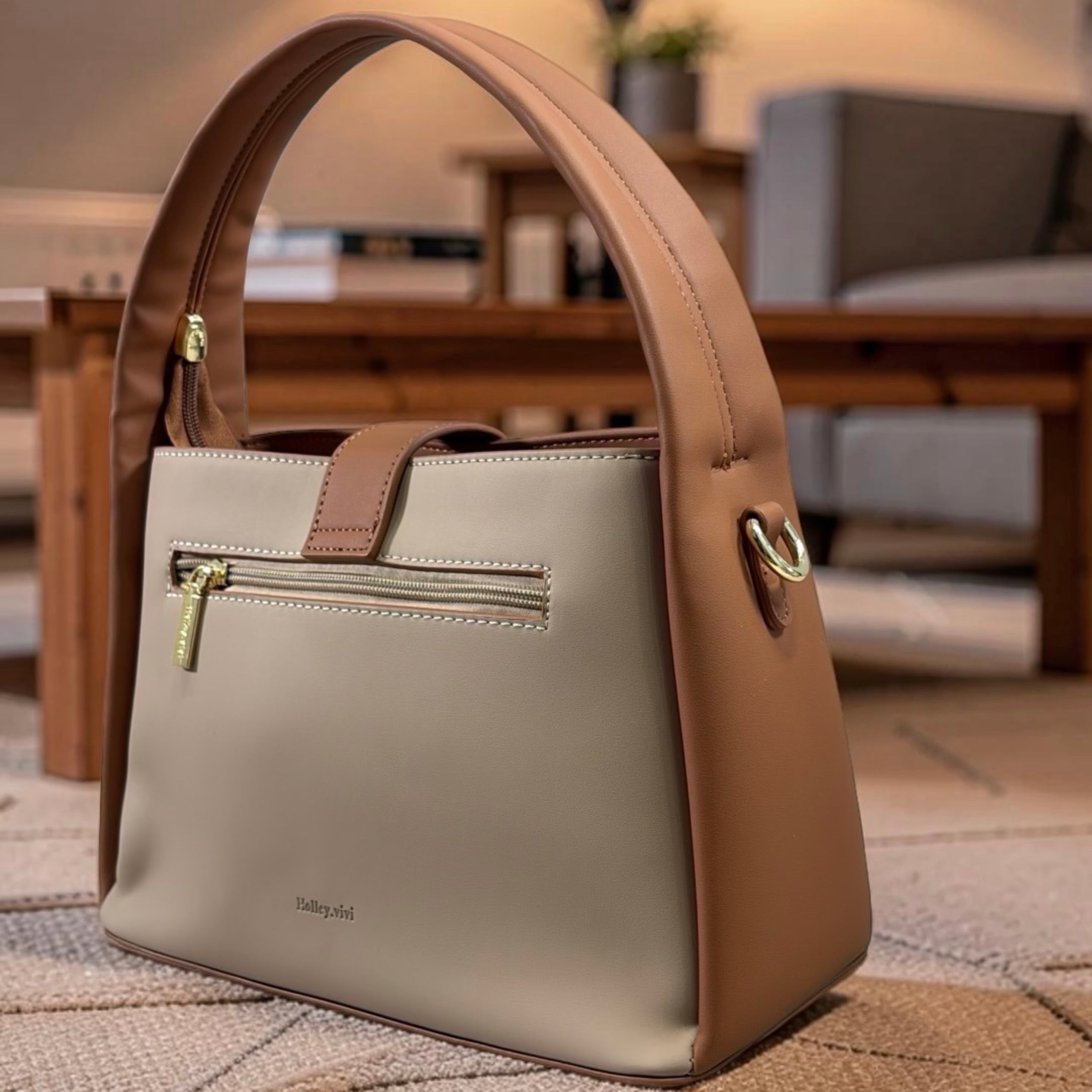 Holley Vivi Two-Tone Design Shoulder Bag in Khaki/Brown