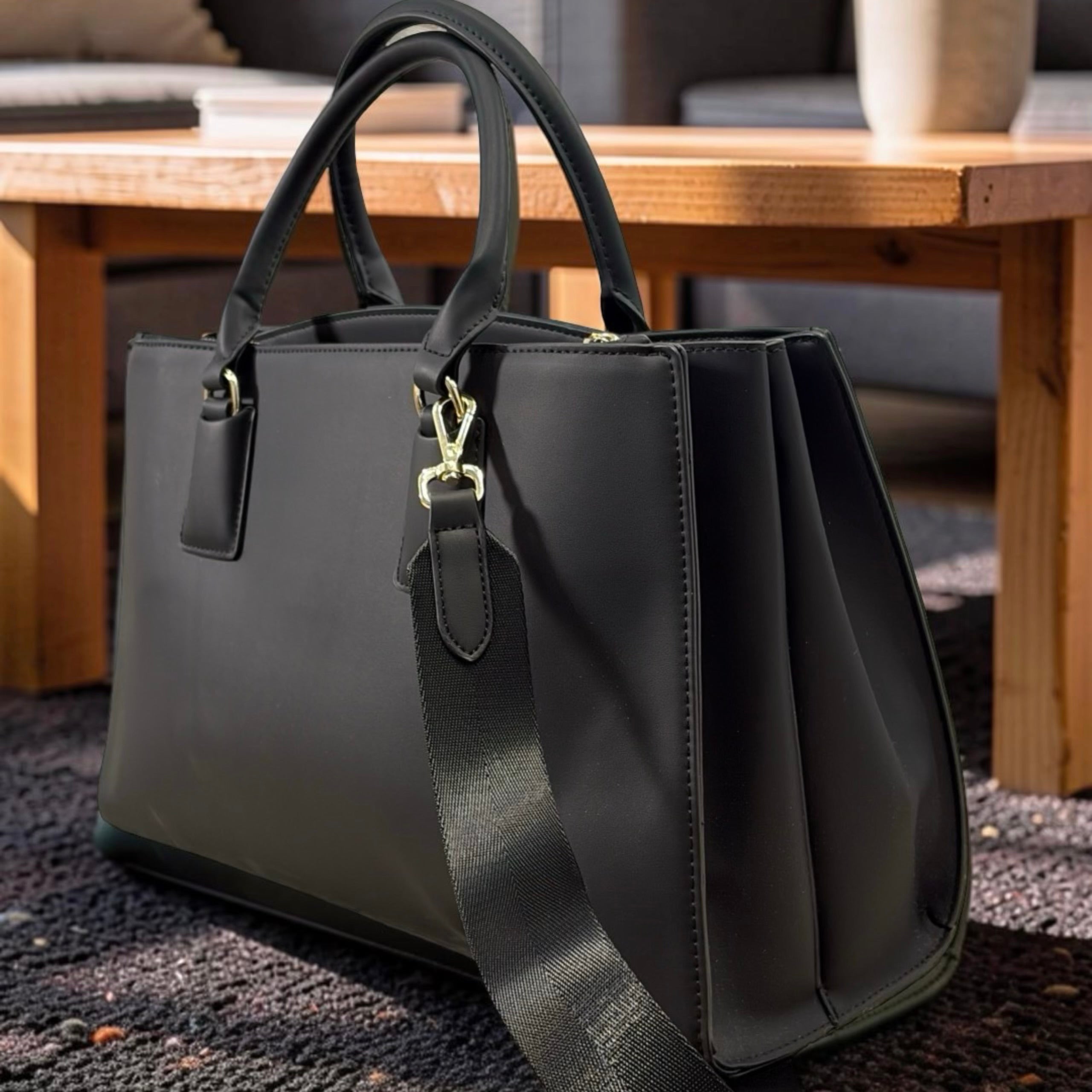 Chrisbella Triple Compartment Large Double Handle Bag in Black