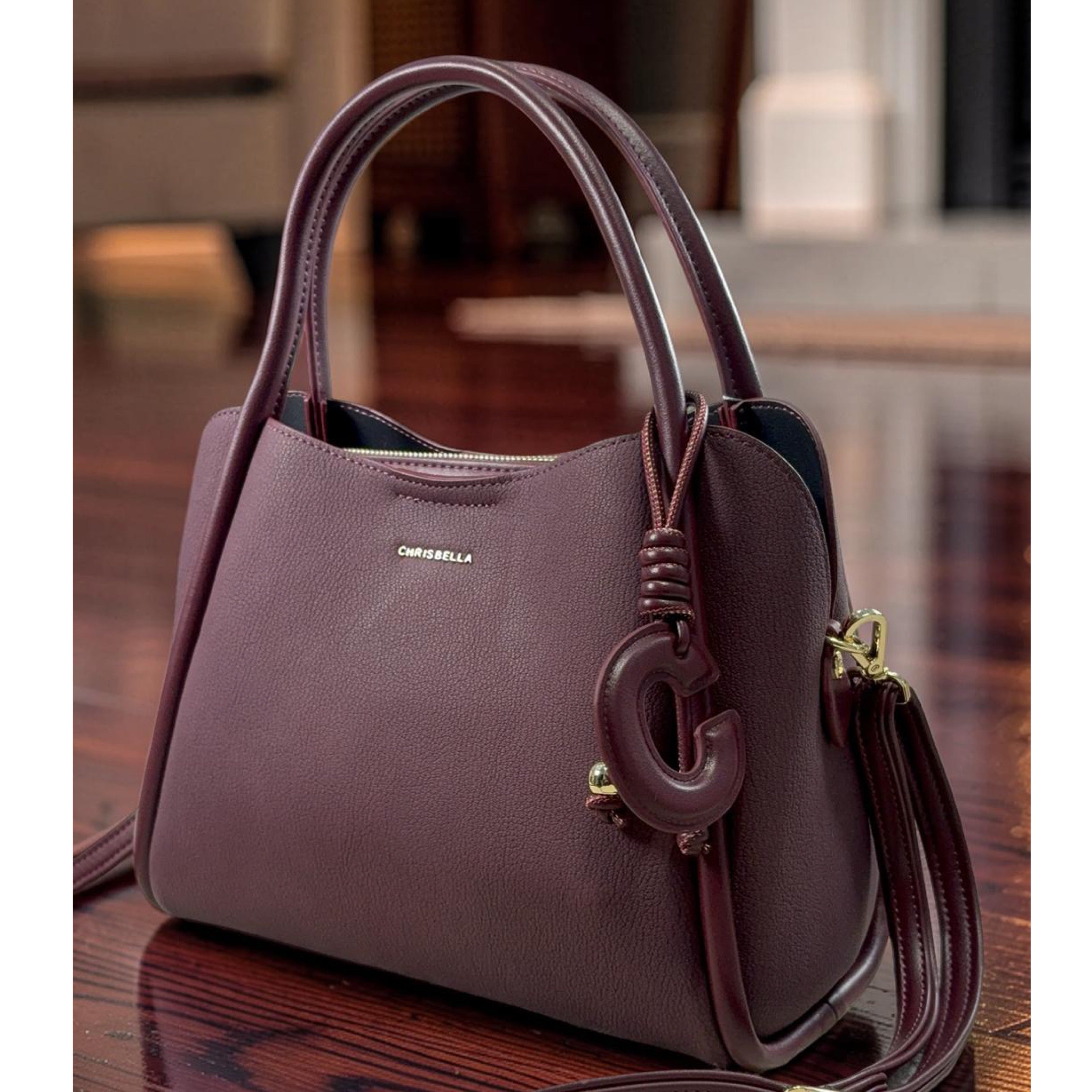 Chrisbellaa Leather Strap Triple Compartment Bag in Burgundy