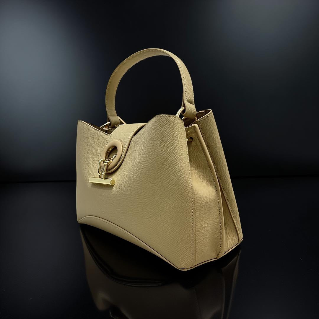 Chrisbella Leather Triple Compartment Bag in Beige