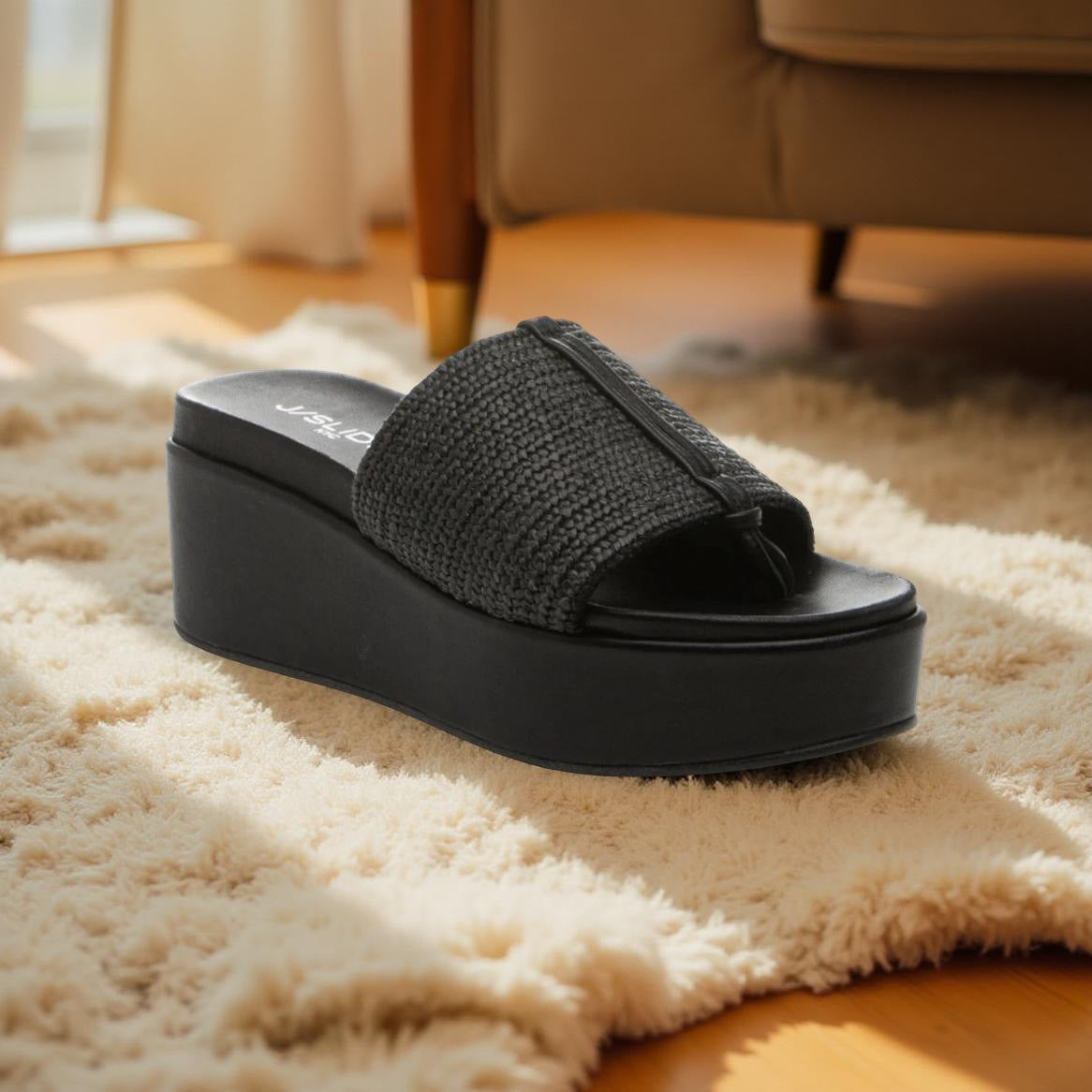 J Slides Raffia Platform Slide in Black