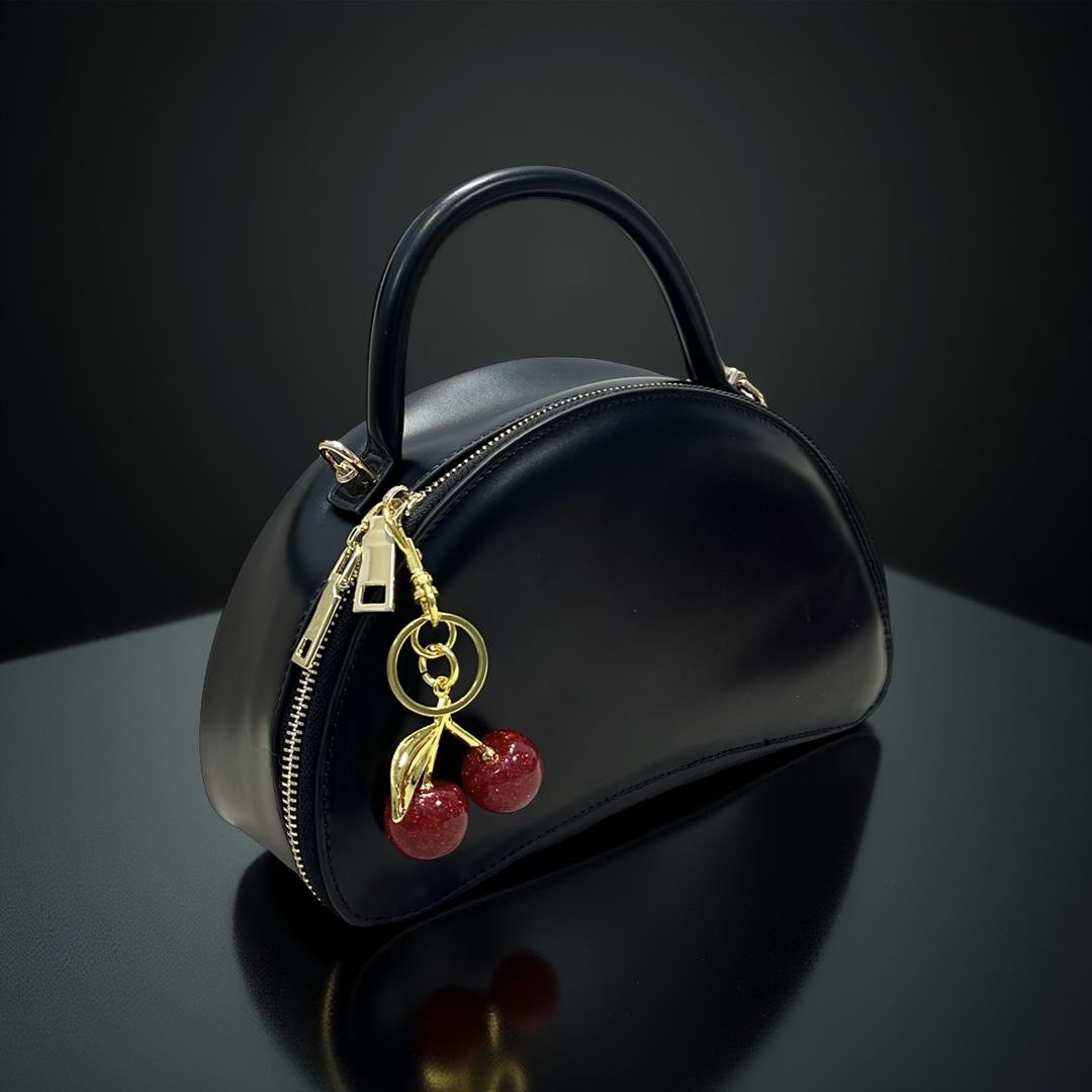 Classic Top Handle Semi-Circle Cherry Charm Mini Bag in Black