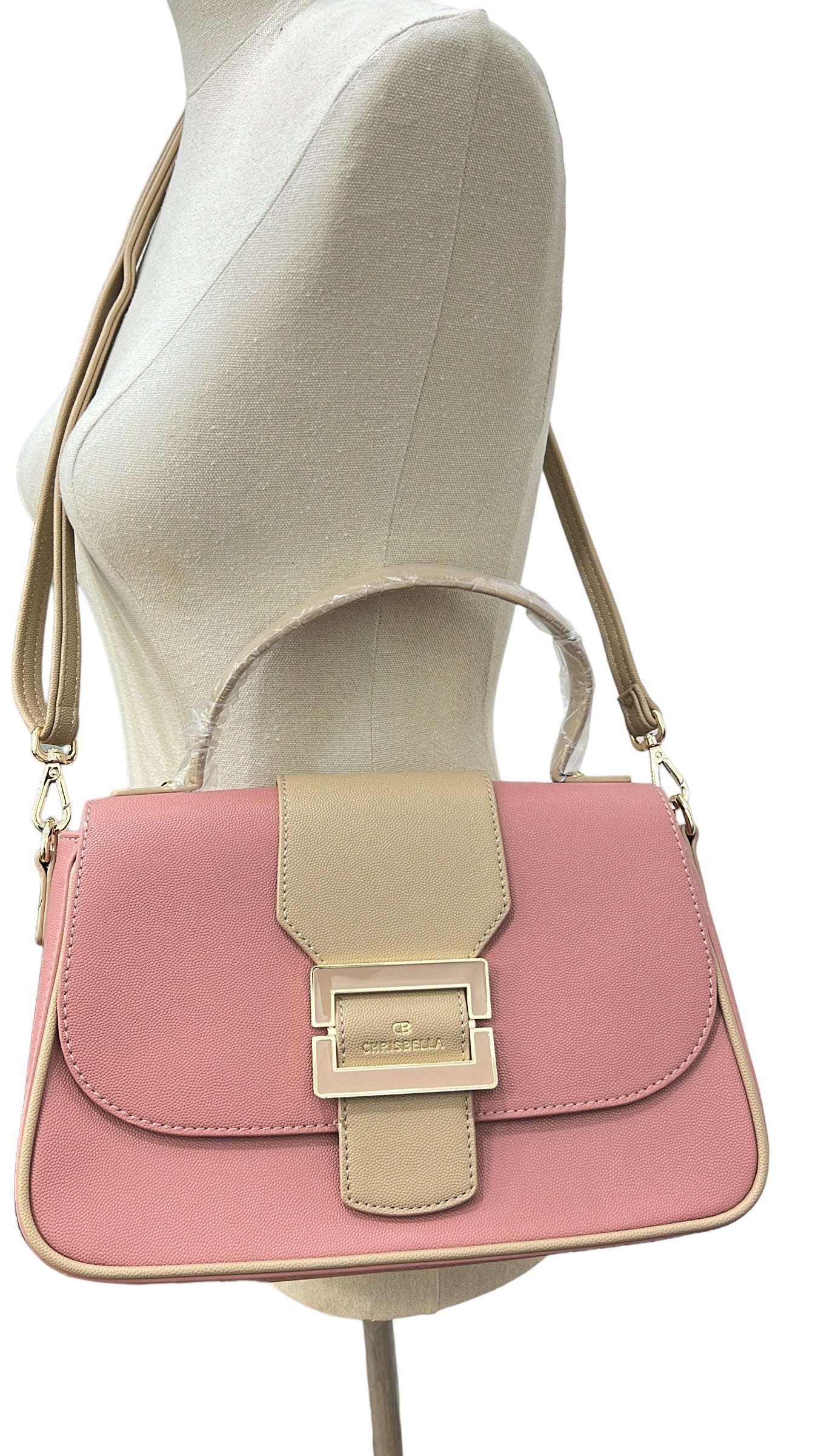 CHRISBELLA TEXTURED BUCKLE DETAIL TWO-TONE BAG IN PINK
