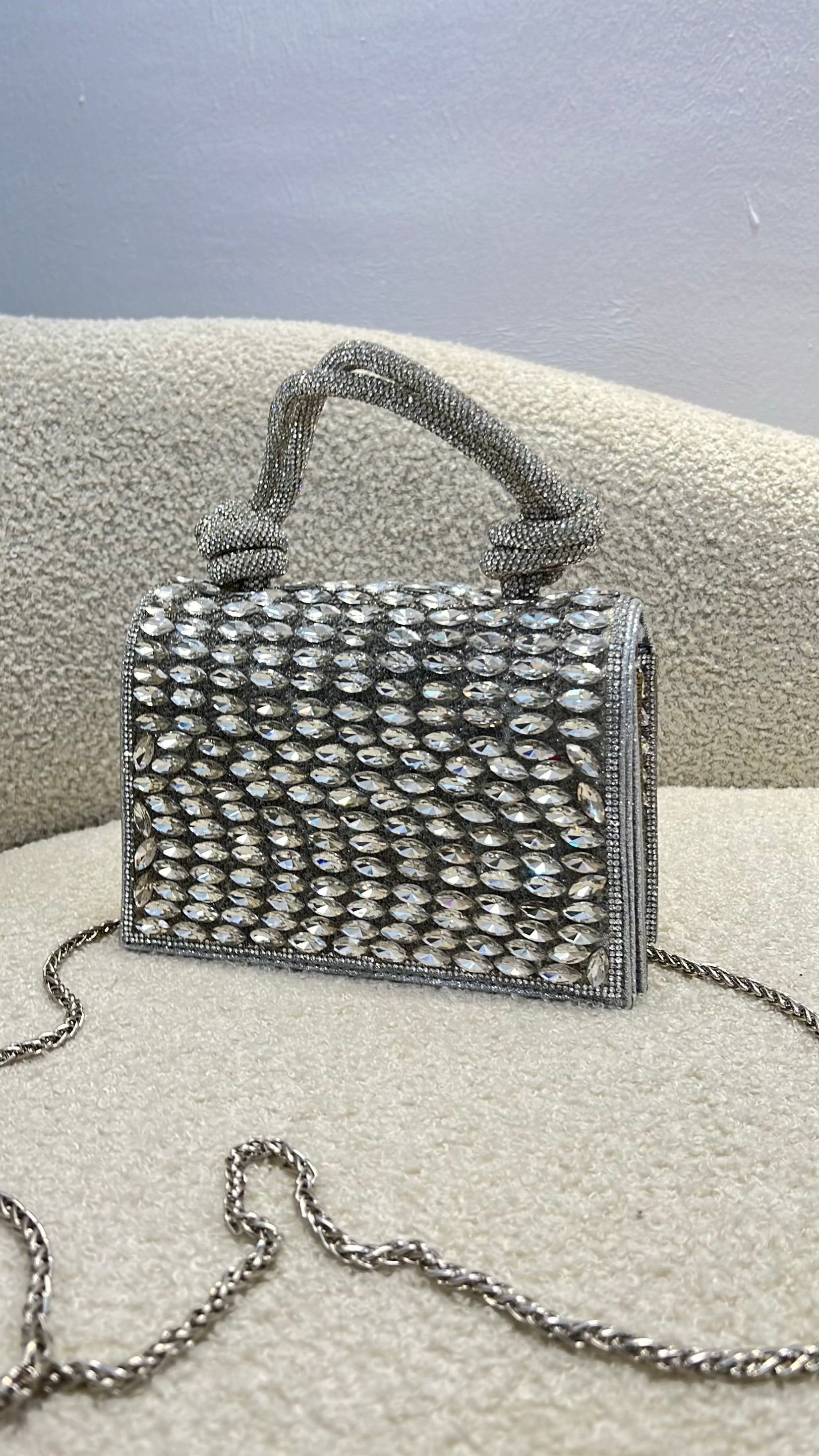 Top Handle Tie-Knot Embellished Purse in Silver