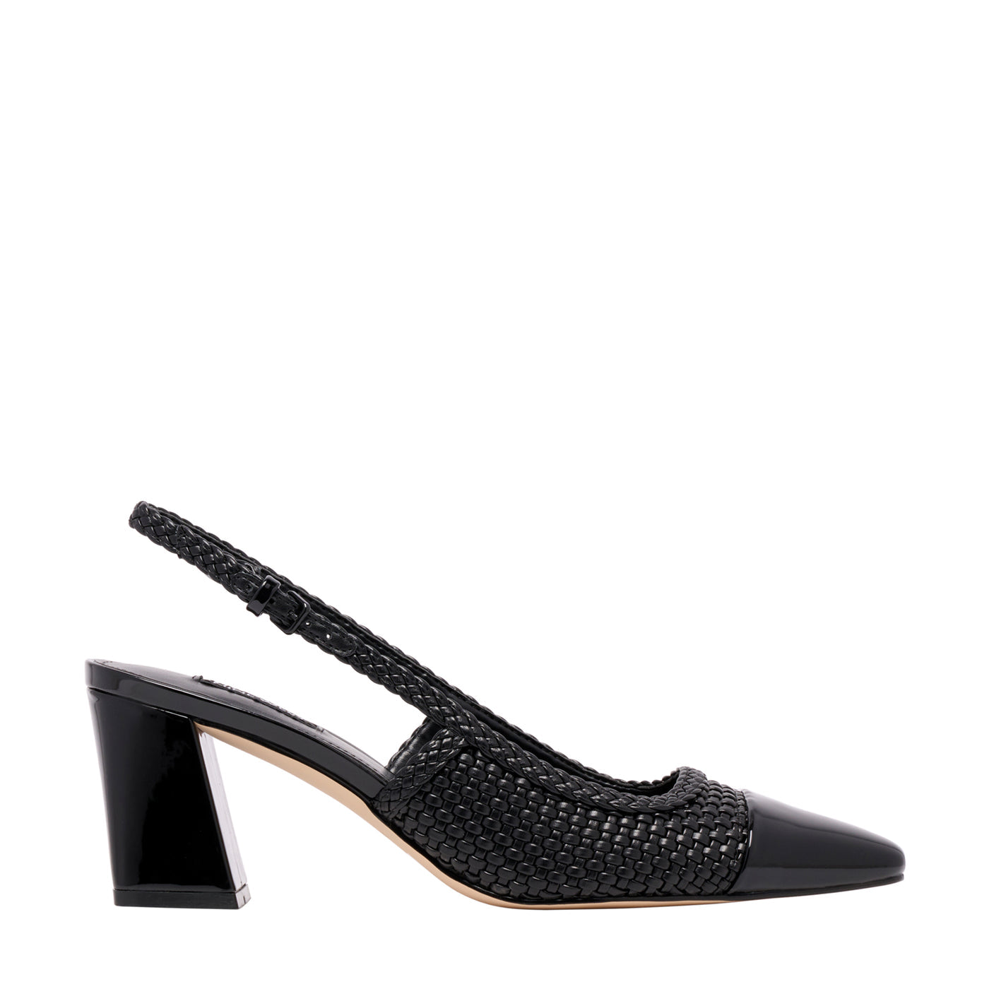 Nine West Toe Cap Woven Leather Block Heel Pump in Black