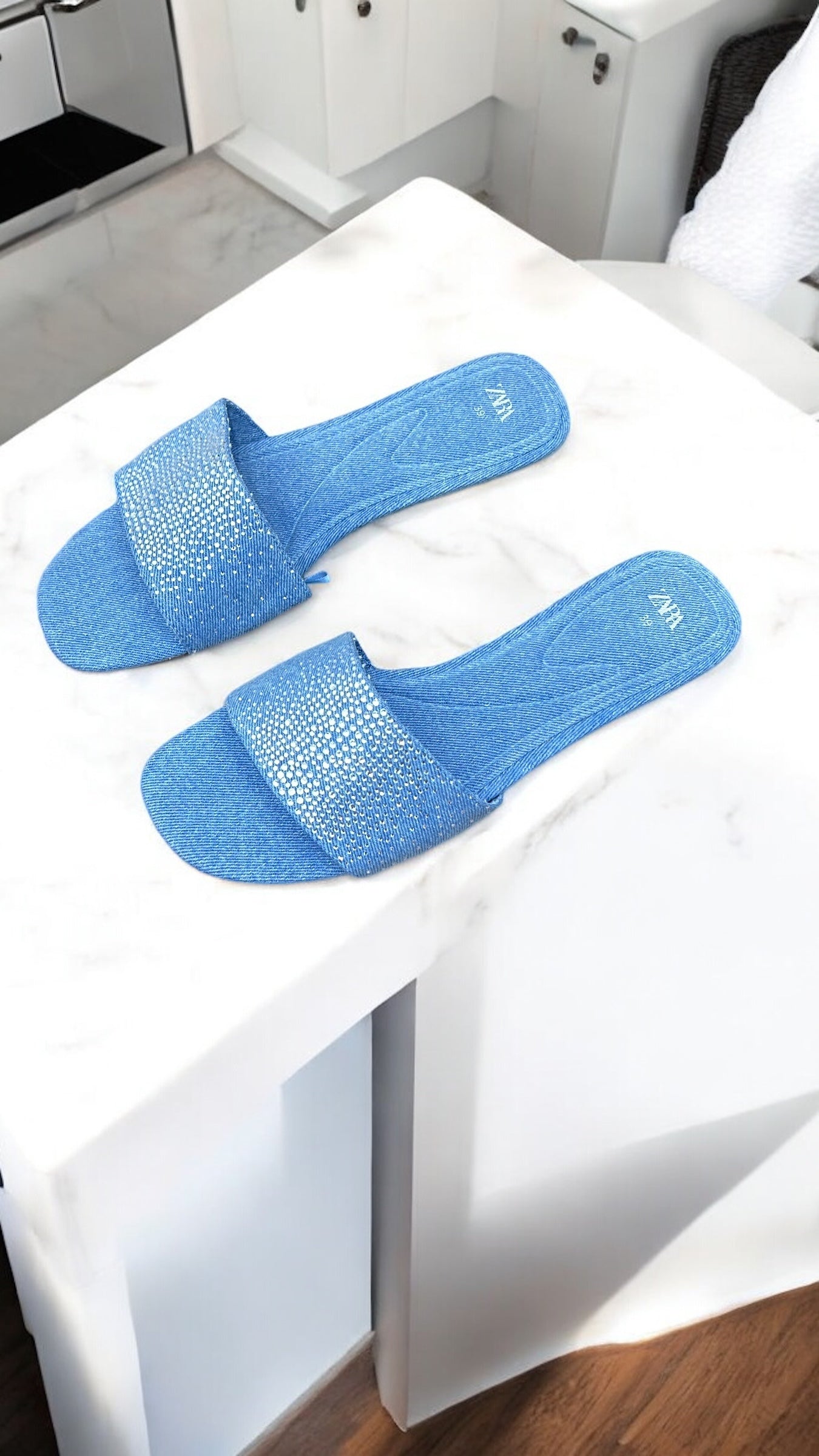 ZARA EMBELLISHED DENIM SLIDE BLUE