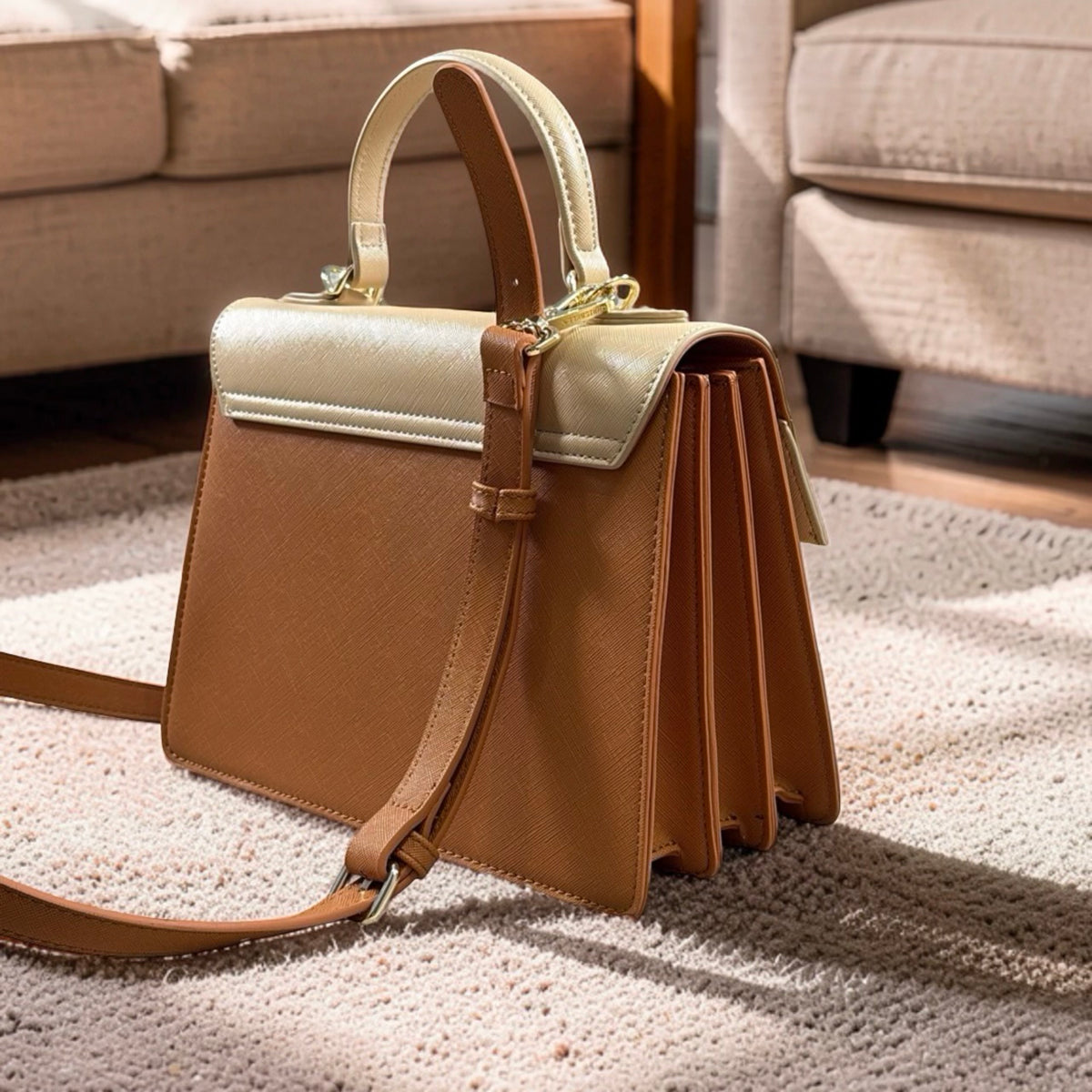 Chrisbella Structured Top Handle Bag in Light Brown Mix