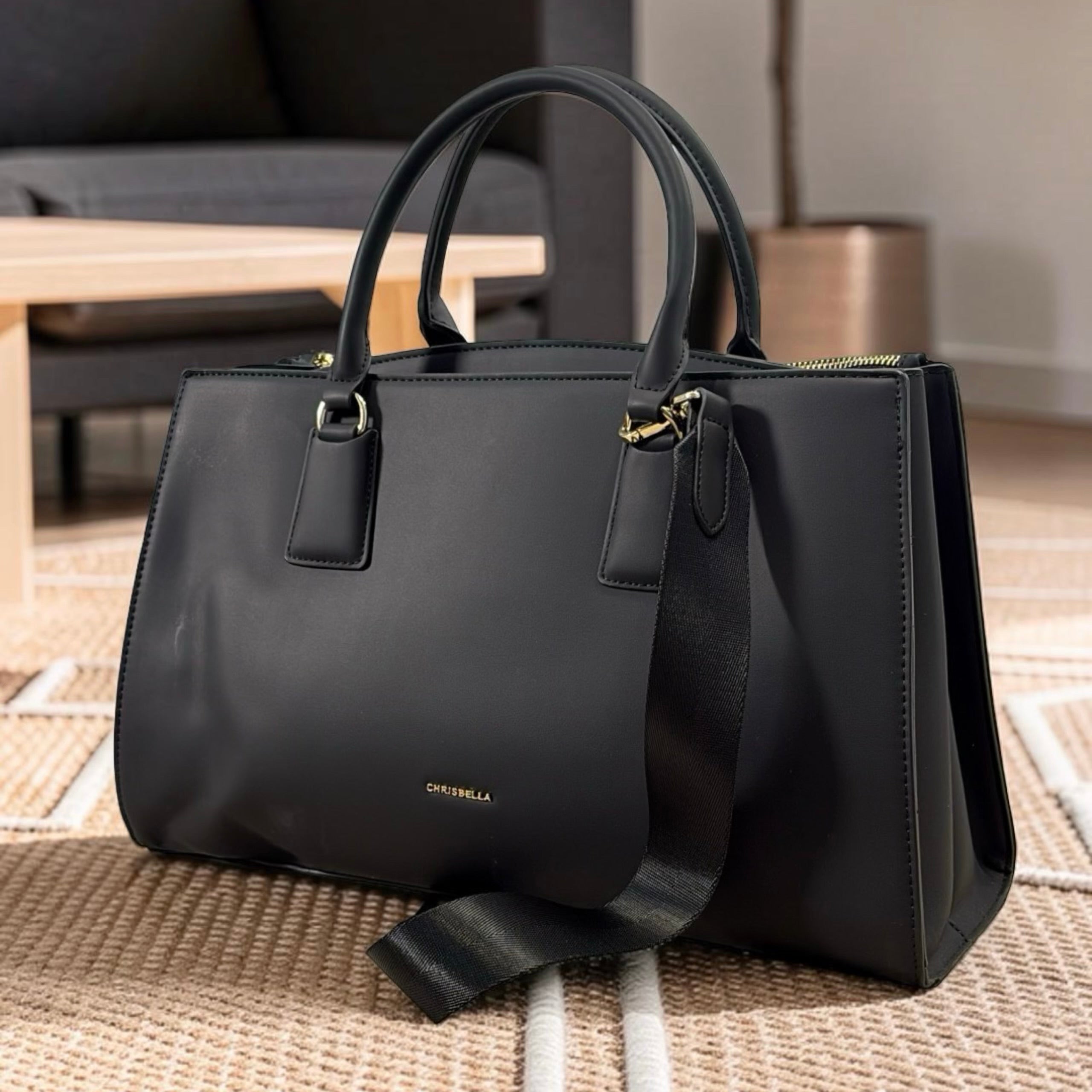 Chrisbella Triple Compartment Large Double Handle Bag in Black