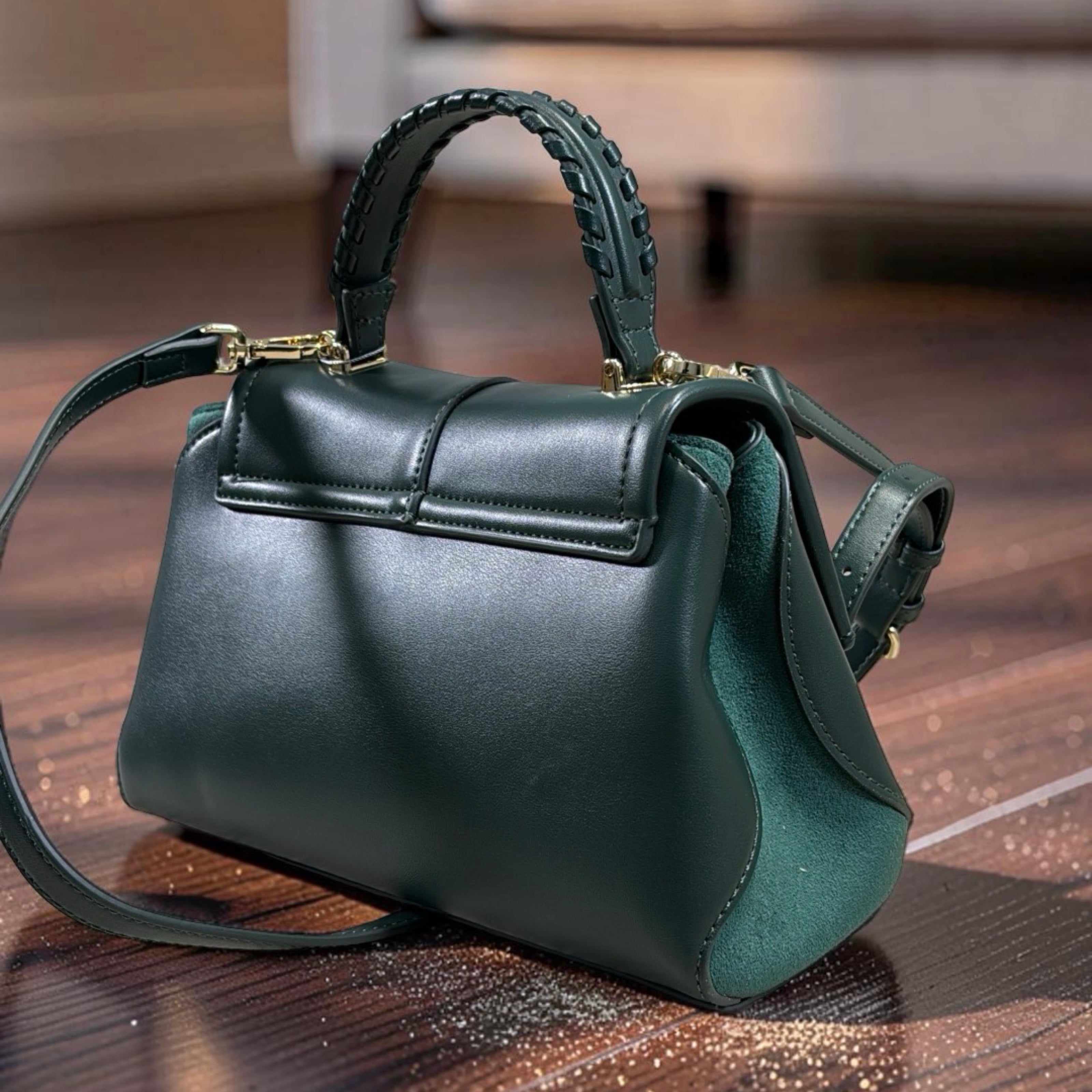 Chrisbella Suede Contrast Top Handle Bag in Green