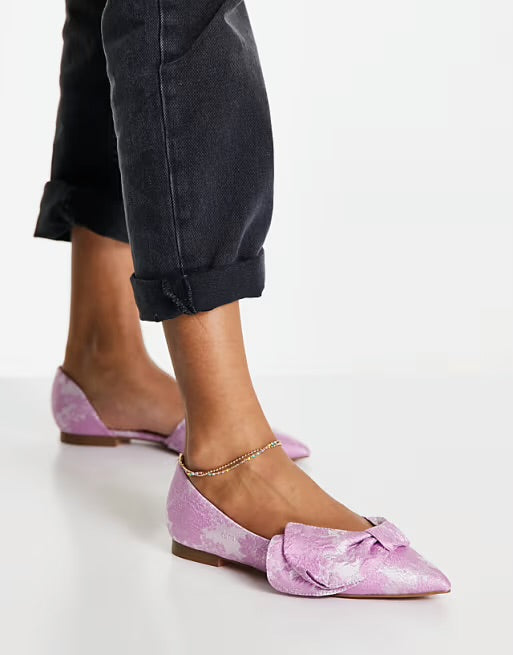 ASOS BOW DETAIL POINTED TOE BROCADE FLATS IN PINK