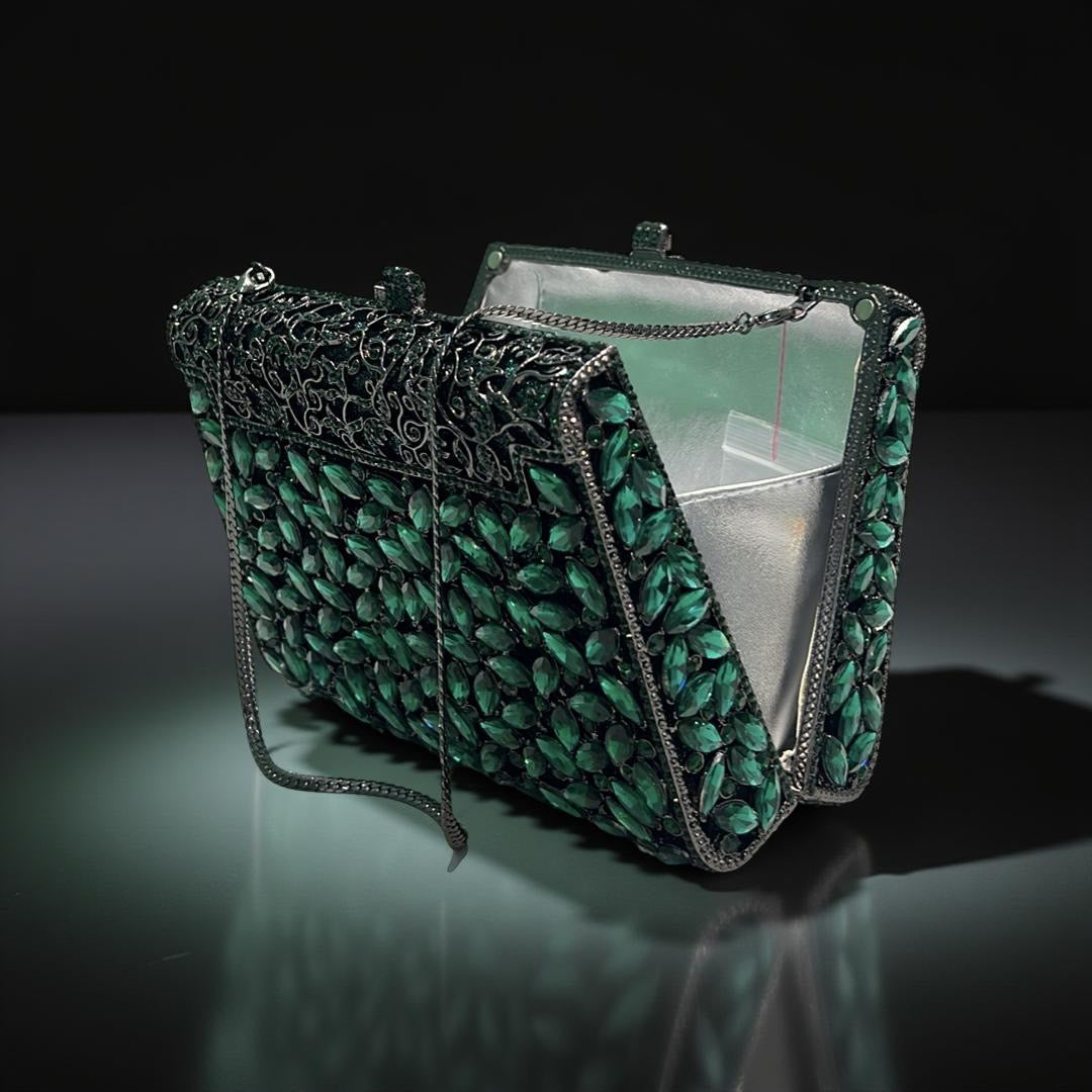Milan Luxe Clutch Structured Party Purse with Stones in Forest Green
