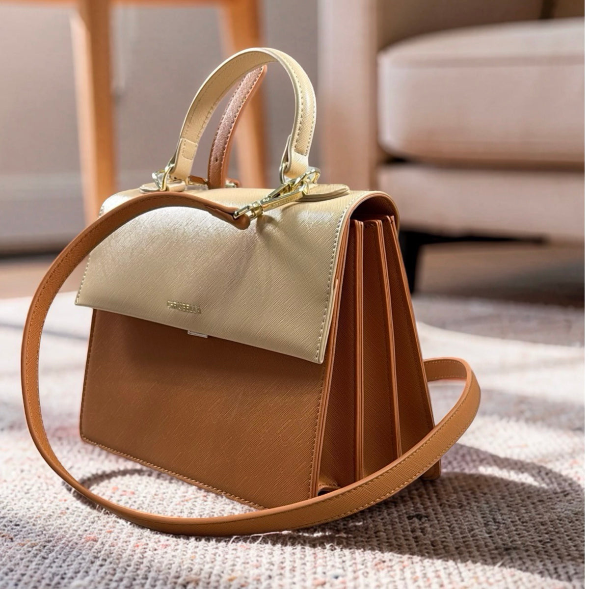 Chrisbella Structured Top Handle Bag in Light Brown Mix