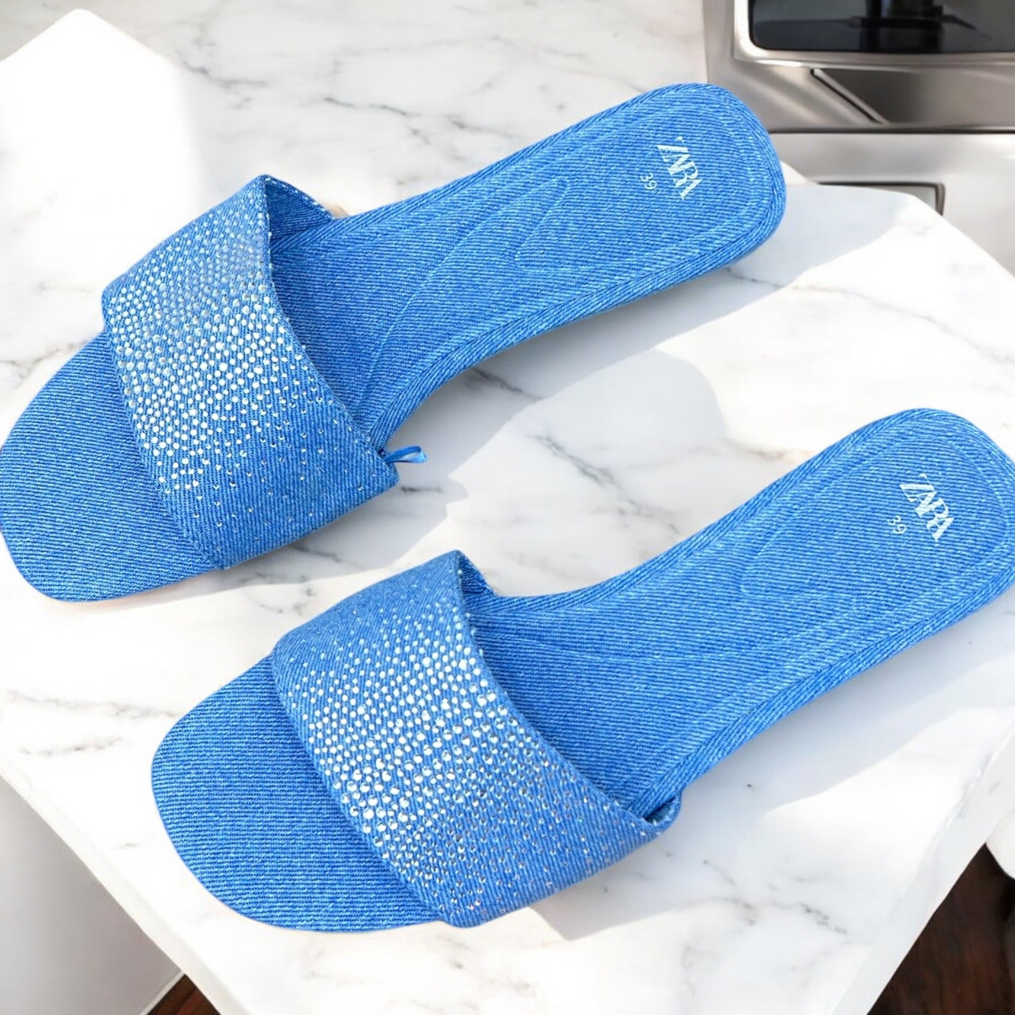 ZARA EMBELLISHED DENIM SLIDE BLUE