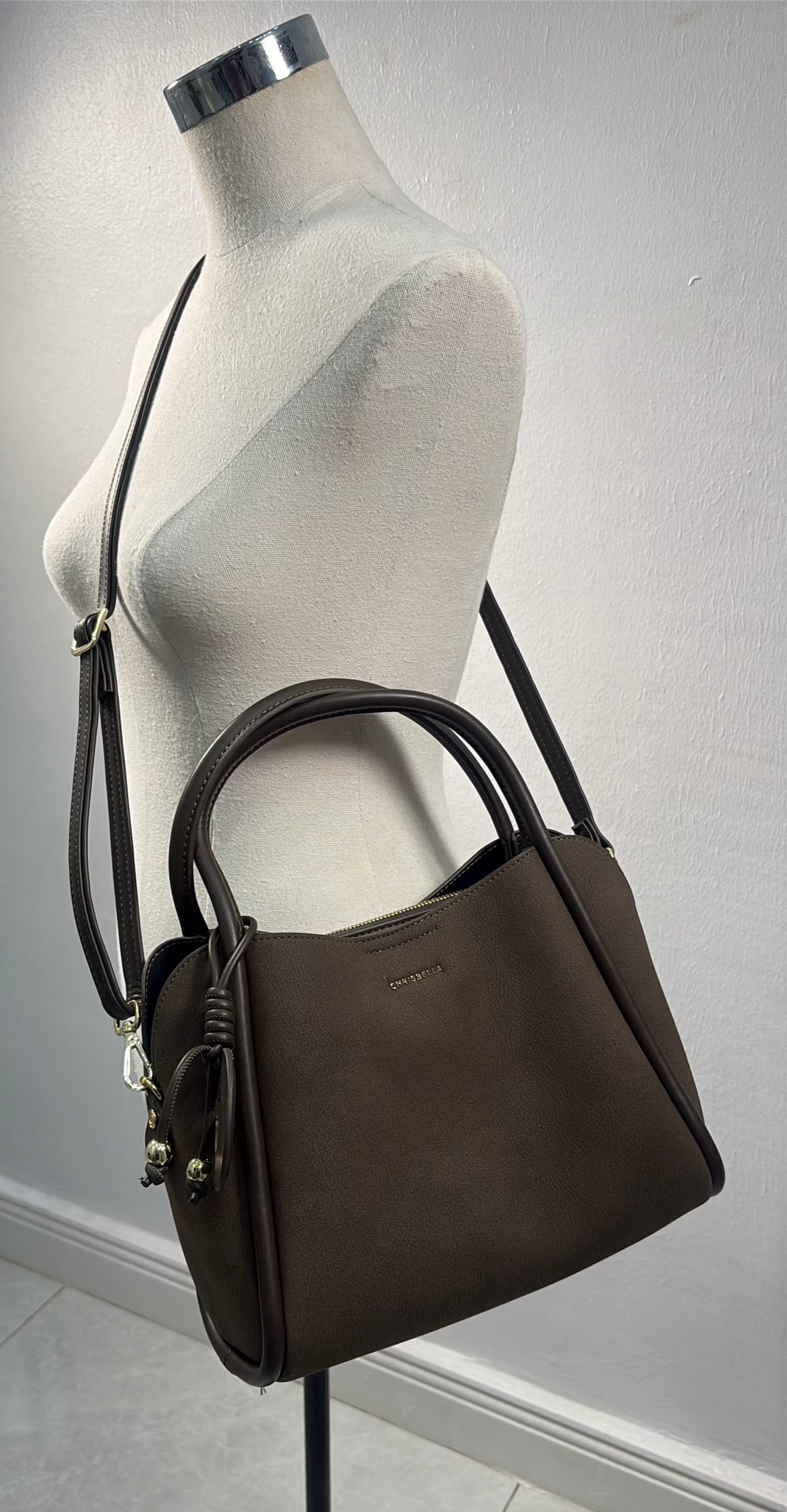 Chrisbella Leather Strap Triple Compartment Bag in Grey