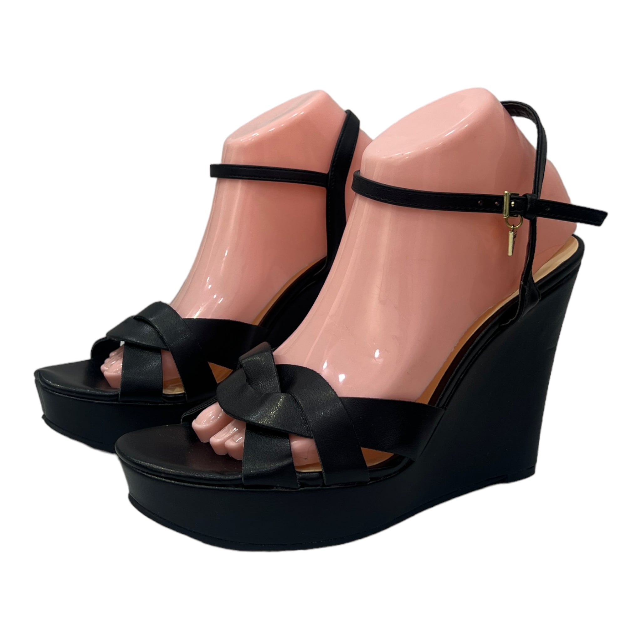 GUESS BLACK LEATHER WEDGE SANDAL