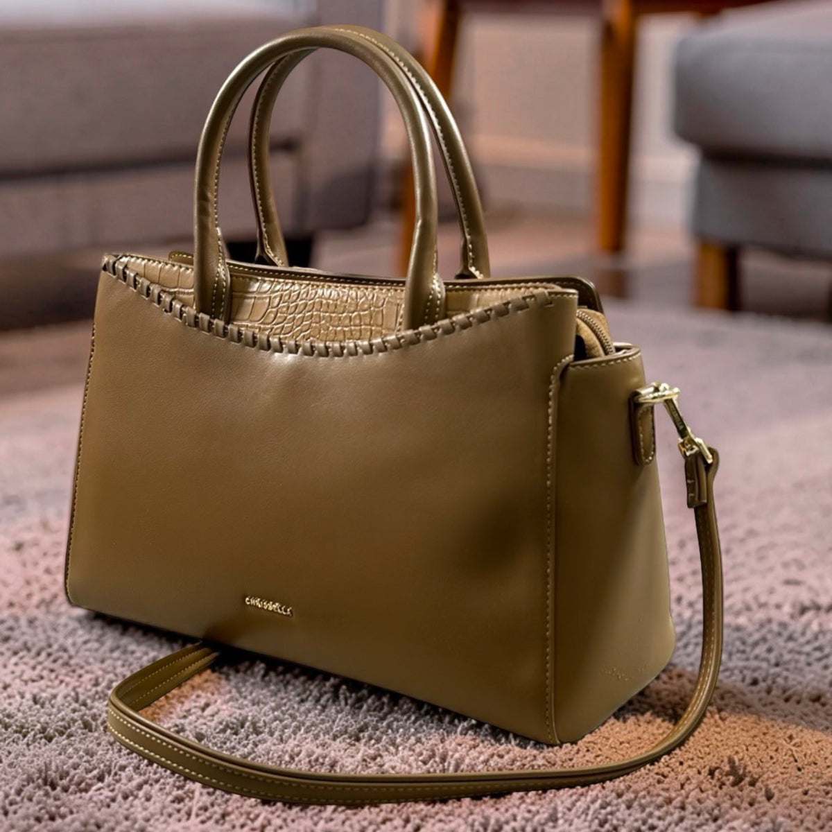Chrisbella Double Handle Croc-Insert Bag in Khaki