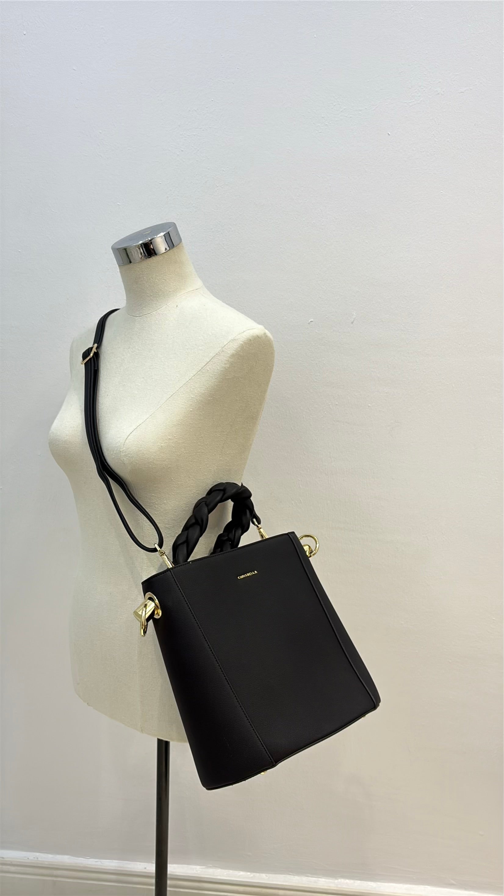Chrisbella Drawstring Bucket Bag in Black