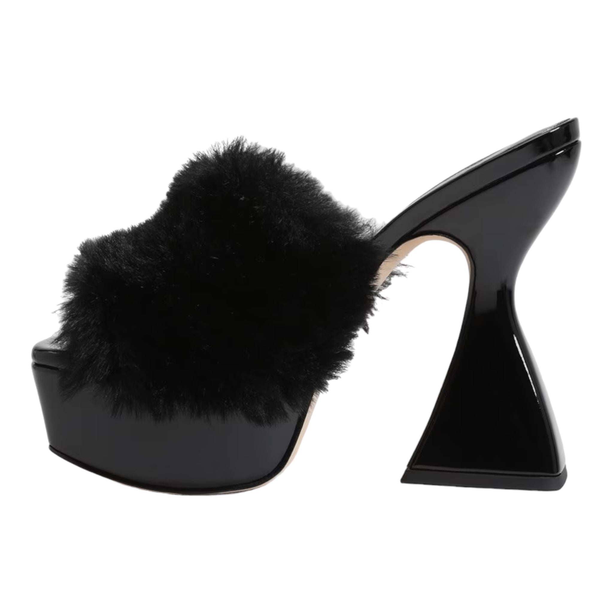 CIRCUS NY FUR STRAP CAKESTAND HEELED MULE IN BLACK