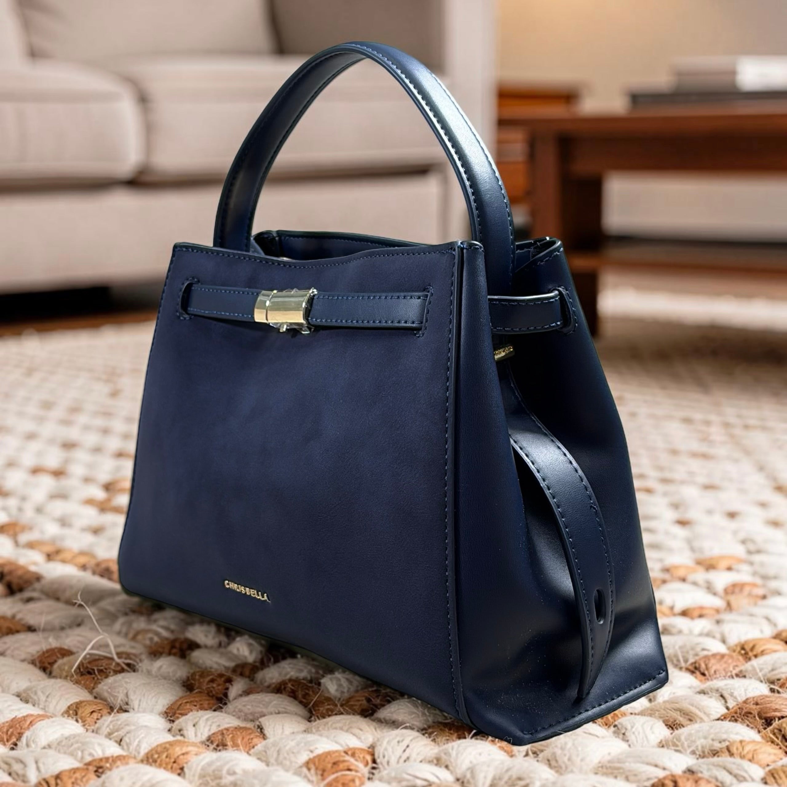 Chrisbella Top Handle Contrast Leather Bag in Navy