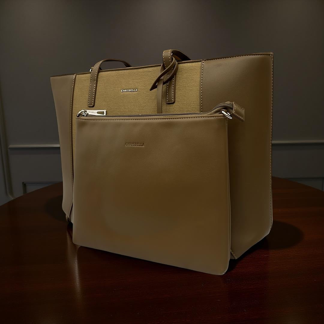 Chrisbella Two-Tone Large Tote in Khaki