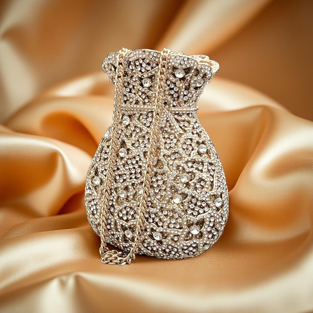 Portofino Luxe Clutch Structured Party Purse with Stones in Gold