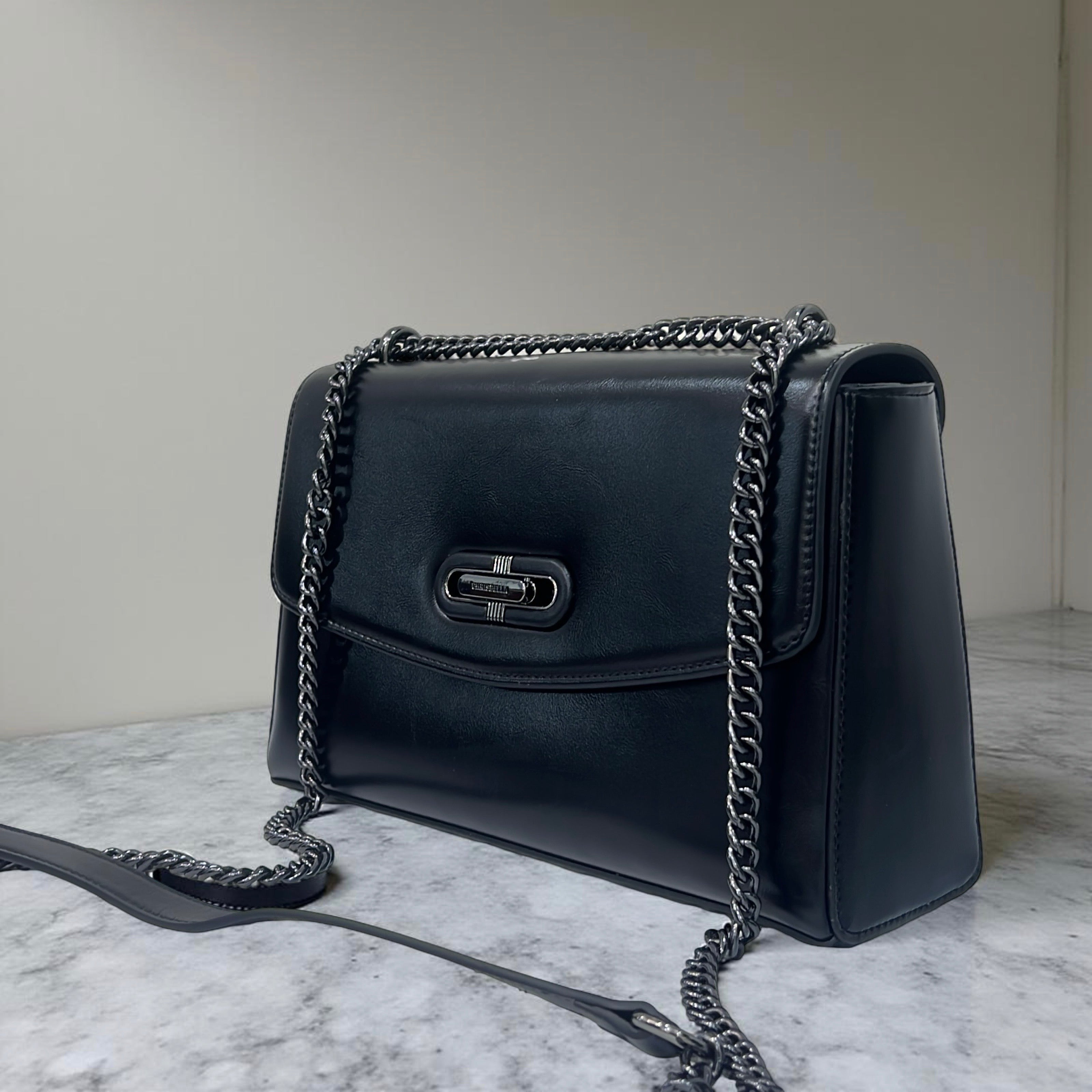 Chrisbella Leather Slide-Knob Sling Bag in Black