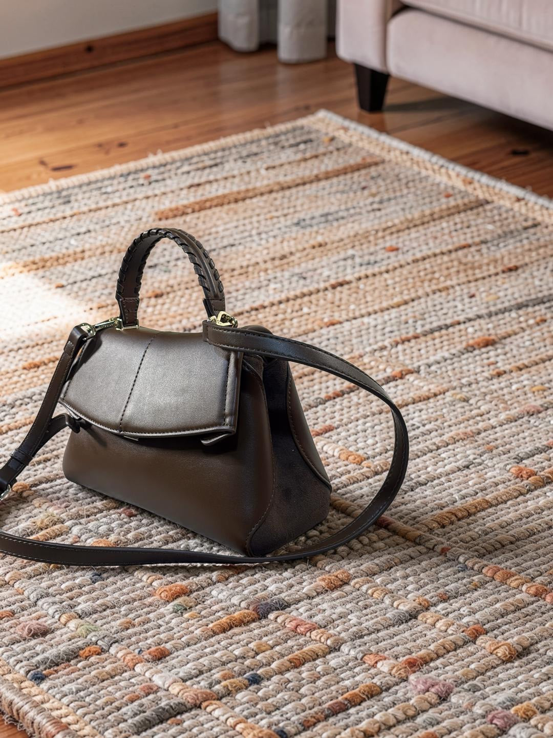 Chrisbella Suede Contast Top Handle Bag in Coffee