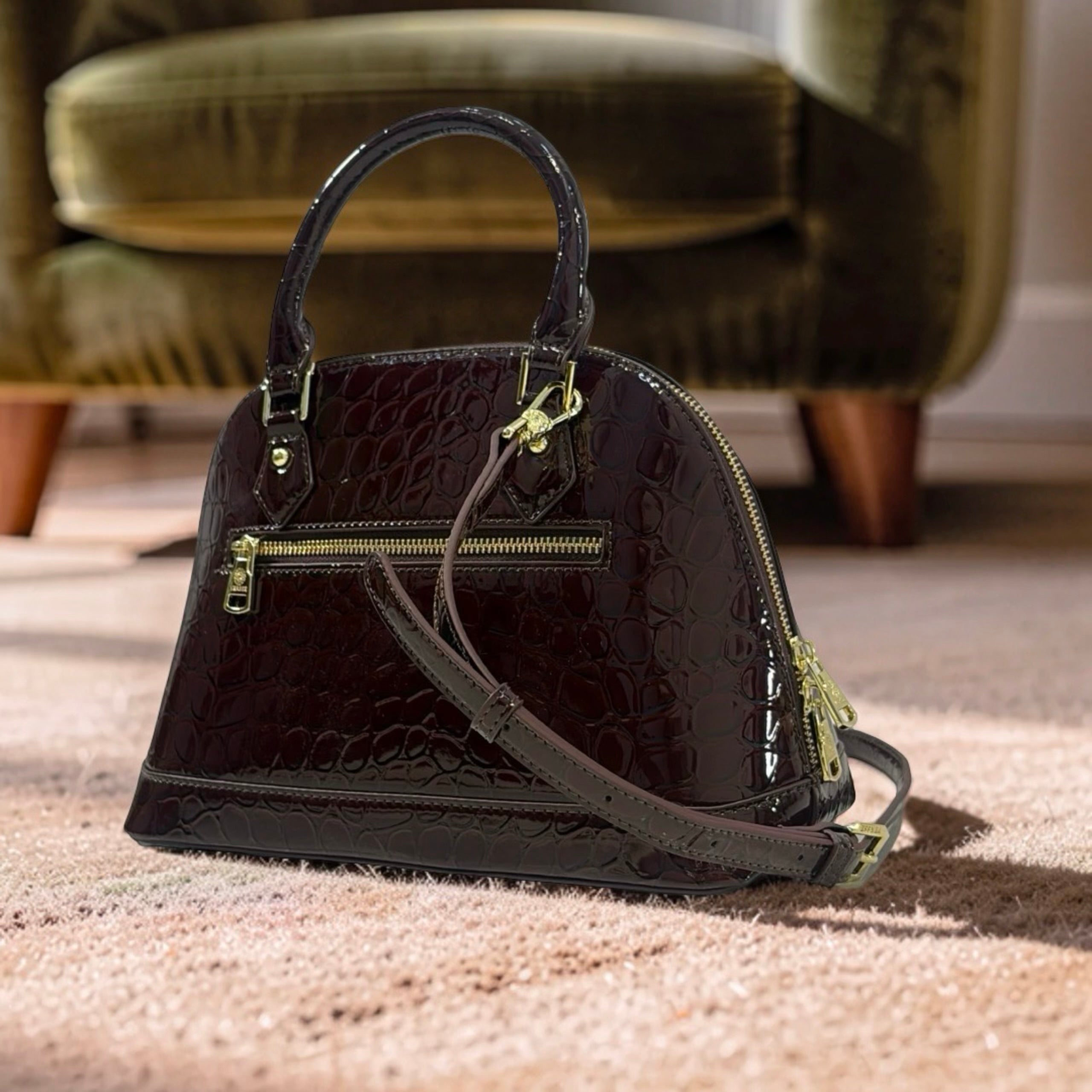 Versse Faux Croc Patent Leather Bag in Coffee